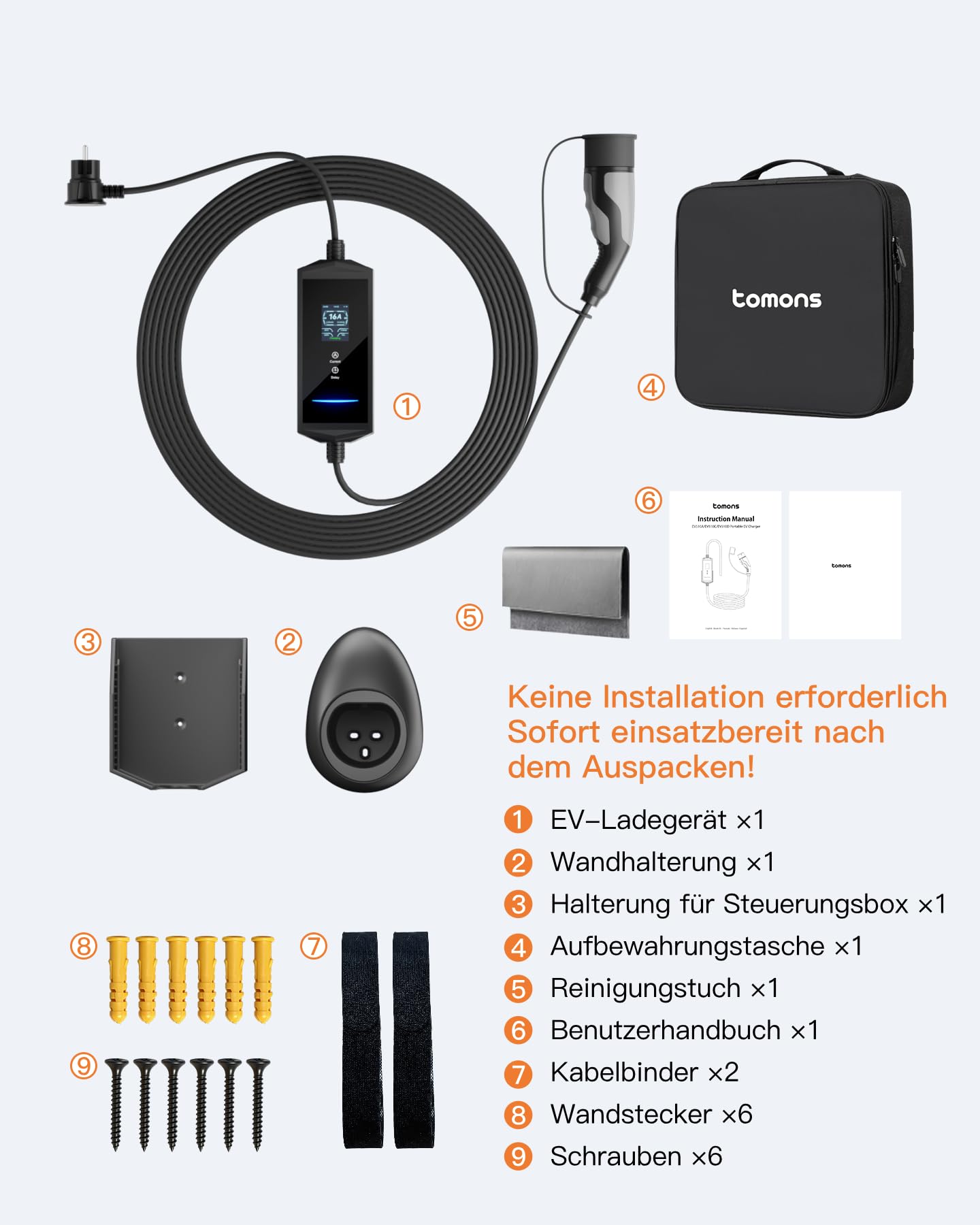 tomons Type 2 Ladekabel Schuko mit APP, Mobile Wallbox 3,68 kW 6M Einphasig 16A, 2,4" LCD-Anzeige IP65,Einstellbarer Ladeleistung&startzeit,für e Auto ID.3/4/5/7,Model Y/3,ENYAQ und Anderen PHEV/EV