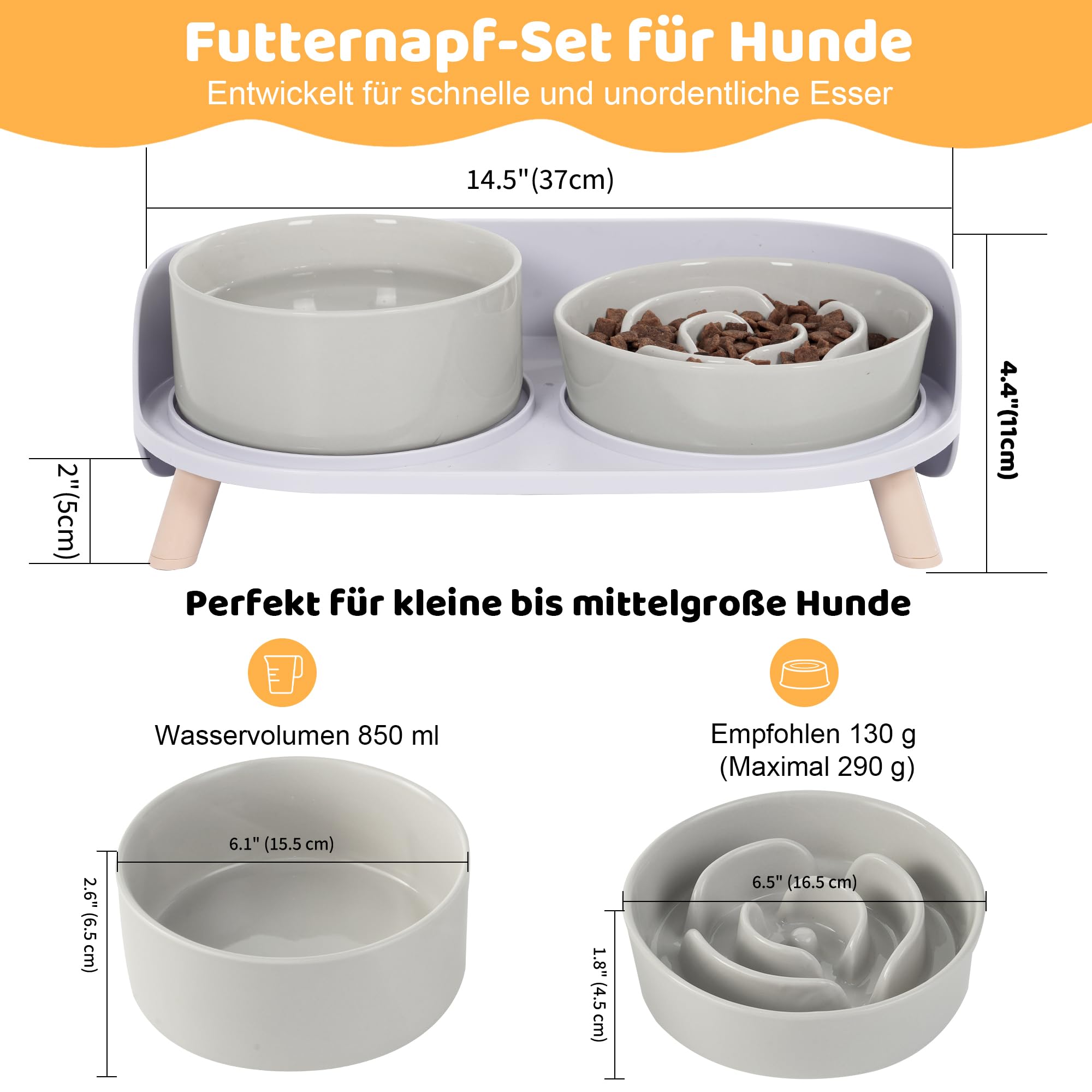 Antischlingnapf Hundnapf Erhöht Keramik Napfset - Doppel-Fressnapf für langsames Fressen - Futternapf & Wassernapf mit rutschfestem Kunststoff-Ständer - Für kleine und mittelgroße Hunde