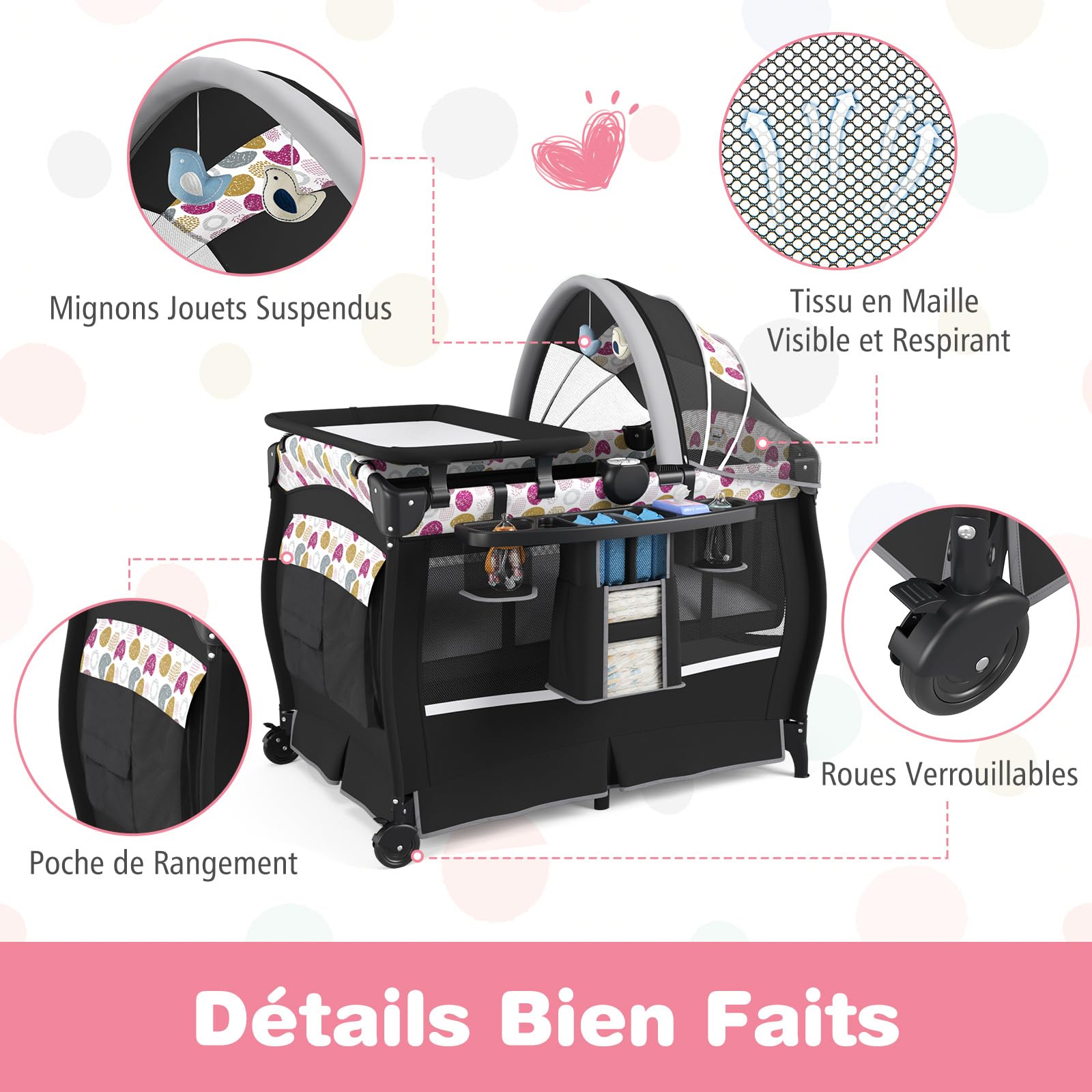 COSTWAY Lit Parapluie Bébé avec Matelas & Table à Langer Escamotable, Lit Bébé Évolutif avec Boîte à Musique & Jouets Suspendus, Auvent Réglable, Lit de Voyage pour 0-36 Mois (Cercles colorés,Noir)