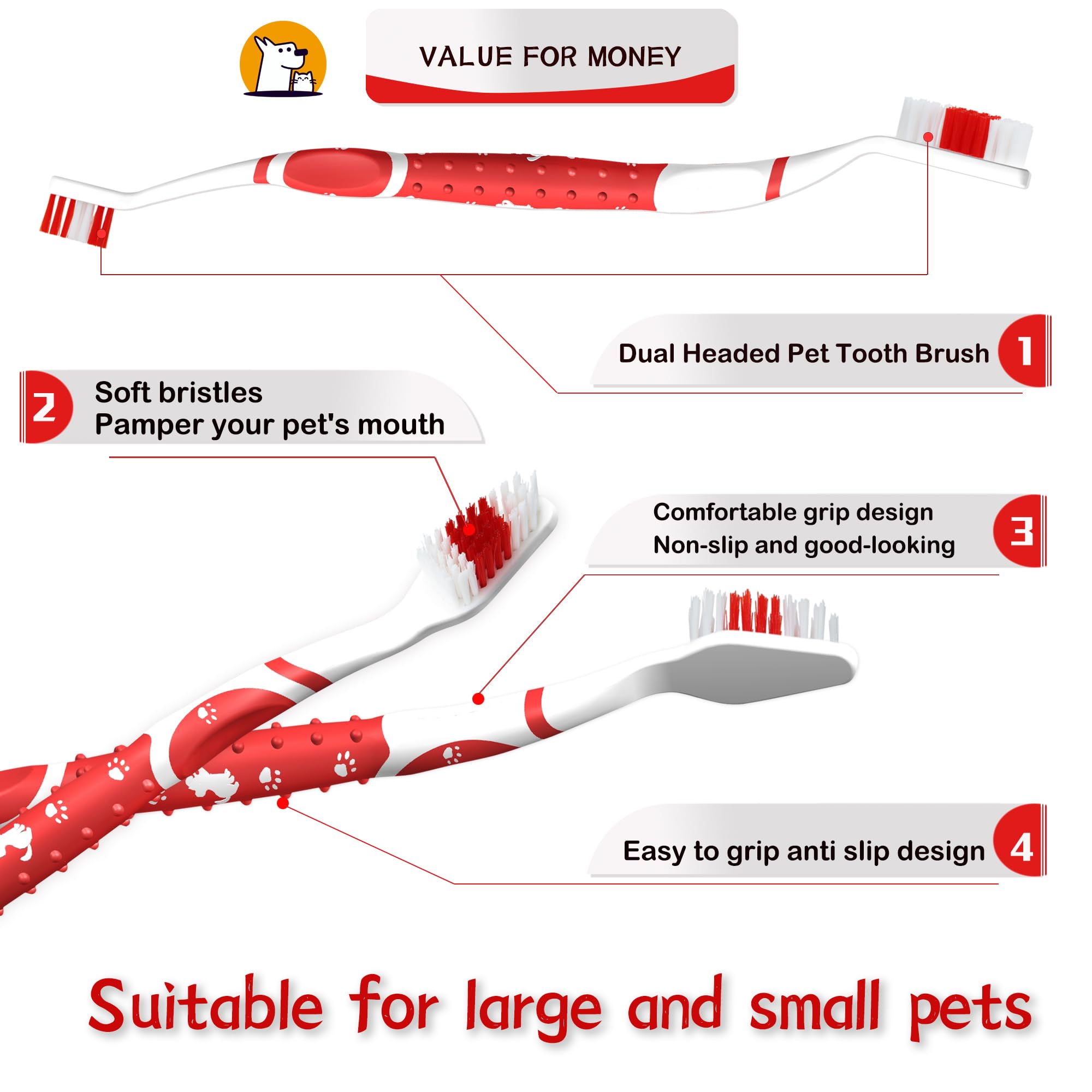 Cepillo de dientes para perros, cepillo de dientes para perros pequeños a grandes, gatos, cerdas suaves, doble cabeza antideslizante