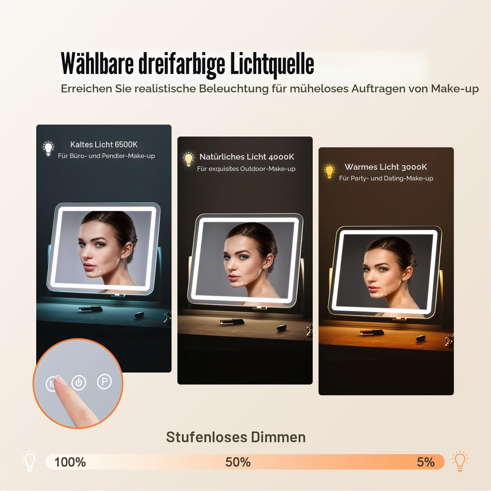 VEVOR Hollywood Schminkspiegel mit Beleuchtung, Kosmetikspiegel mit 3 Farbbeleuchtungsmodi, Schminkspiegel mit LEDs & 5-facher Vergrößerung, USB, Smart-Touch-Steuerung, 360°-Drehbar, 547x447mm