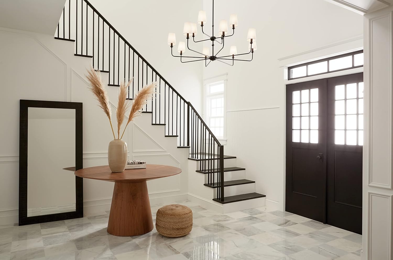 Kichler Pallas 12-Light Chandelier in Black, Classic Ceiling Light Fixture with Optional Linen Tapered Shades for Foyer, Living Room, or Dining Room, (42.75" W x 23" H), 52518BK