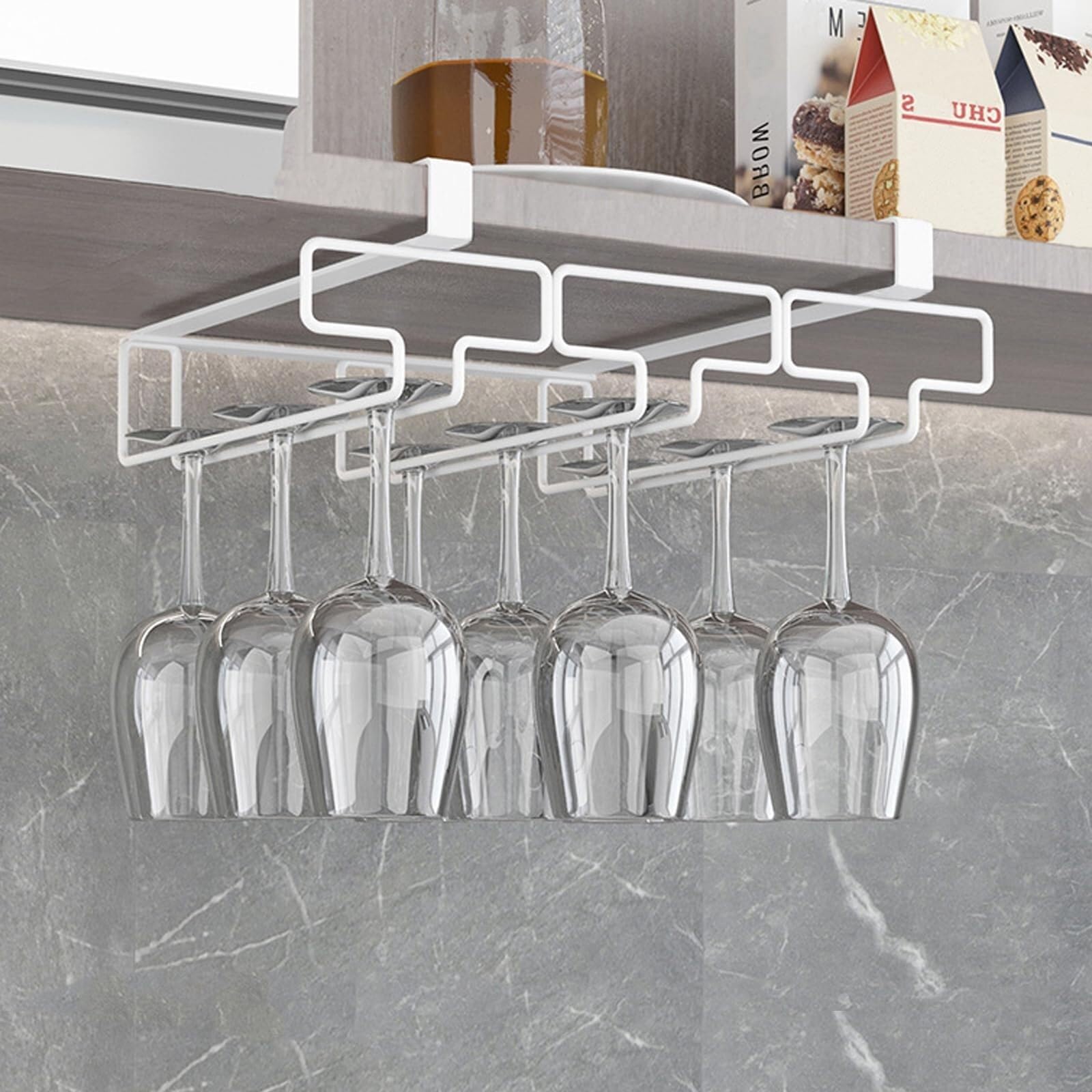 Hueborne White Under Shelf Wine Glass Rack No Drill, Stemware Hanger For Kitchen Cabinet, 1-3 Rows(,12.4Inch)