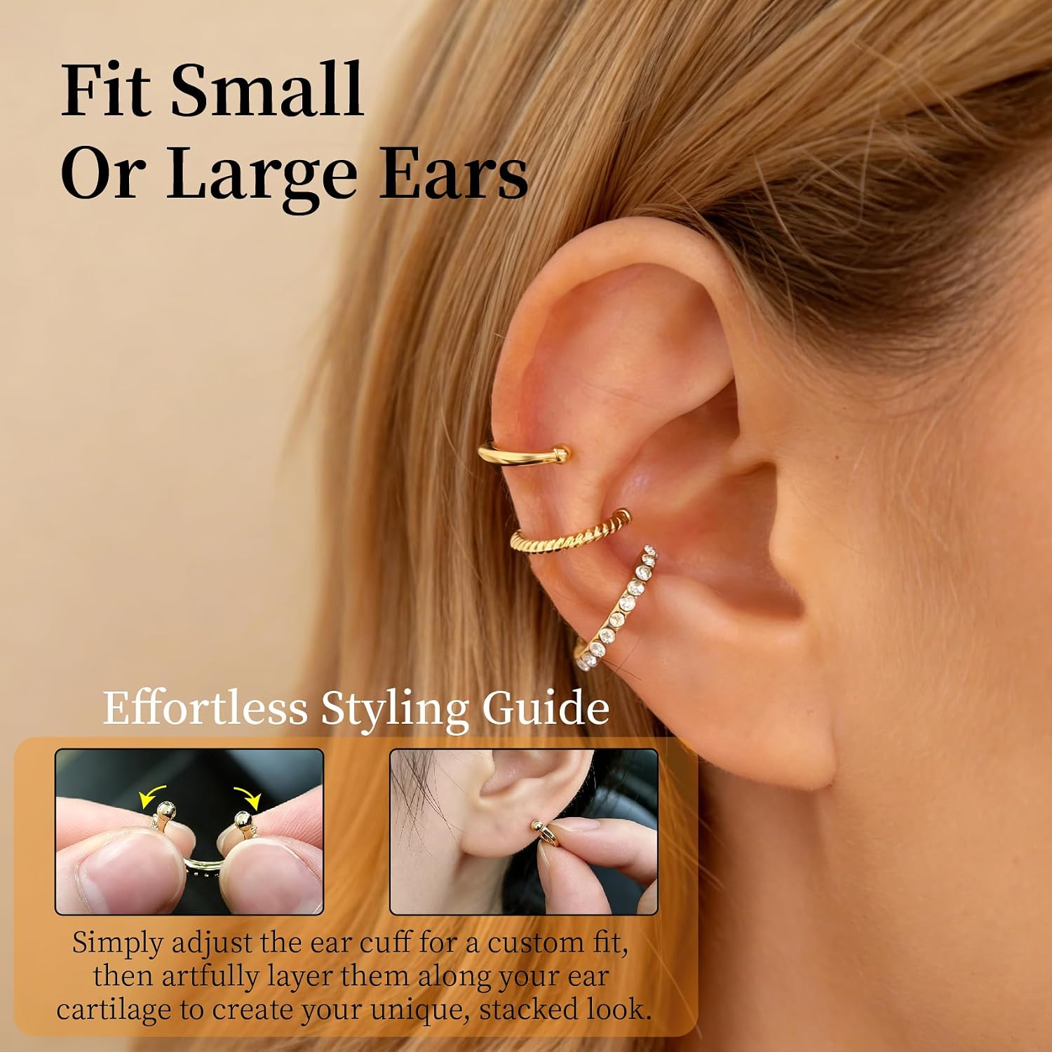Ear Cuffs Earrings for Women-3PCS Non Piercing,14K Gold Plated Clips on Cartilage Earrings Cuff Set,Stackable Huggie Hoop Fake Piercing Jewelry