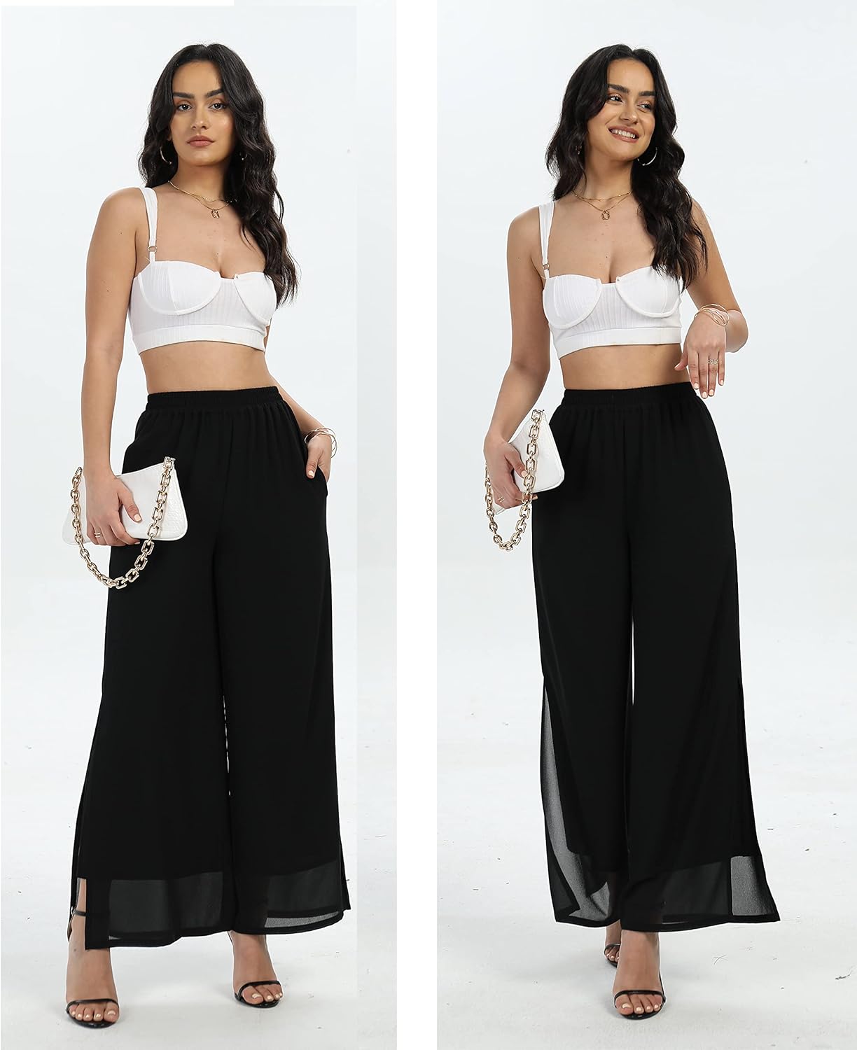 Women's Wide Leg Chiffon Dress Palazzo Pants Casual Split Hem Summer Trousers Party Club Pant - Image 4