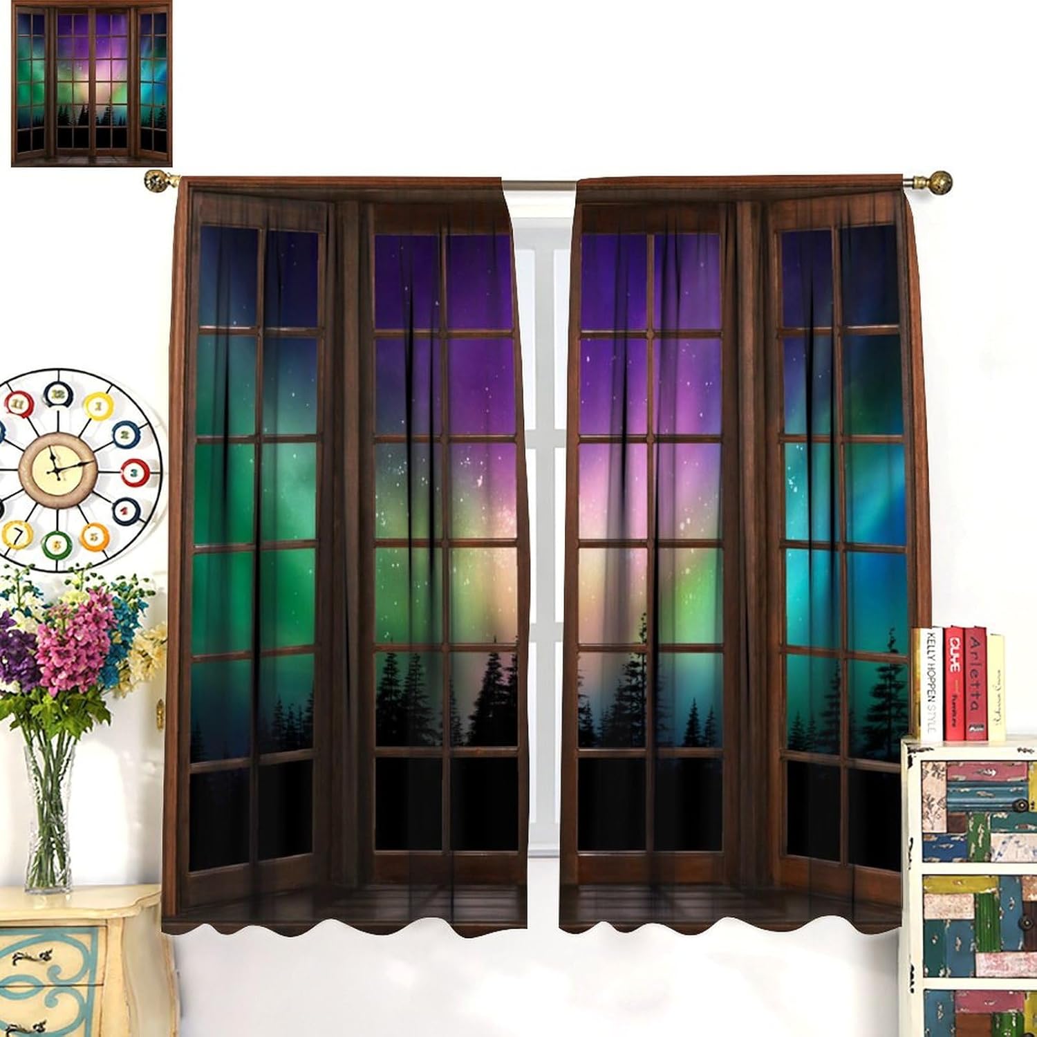 Northern Lights Landscape Curtains Forest Cute Northern Lights Aurora Borealis Curtain with Rod Pocket for Bedroom Living Room Decor Drapes Window Treatments 2 Panels Set 42" W X 45" L