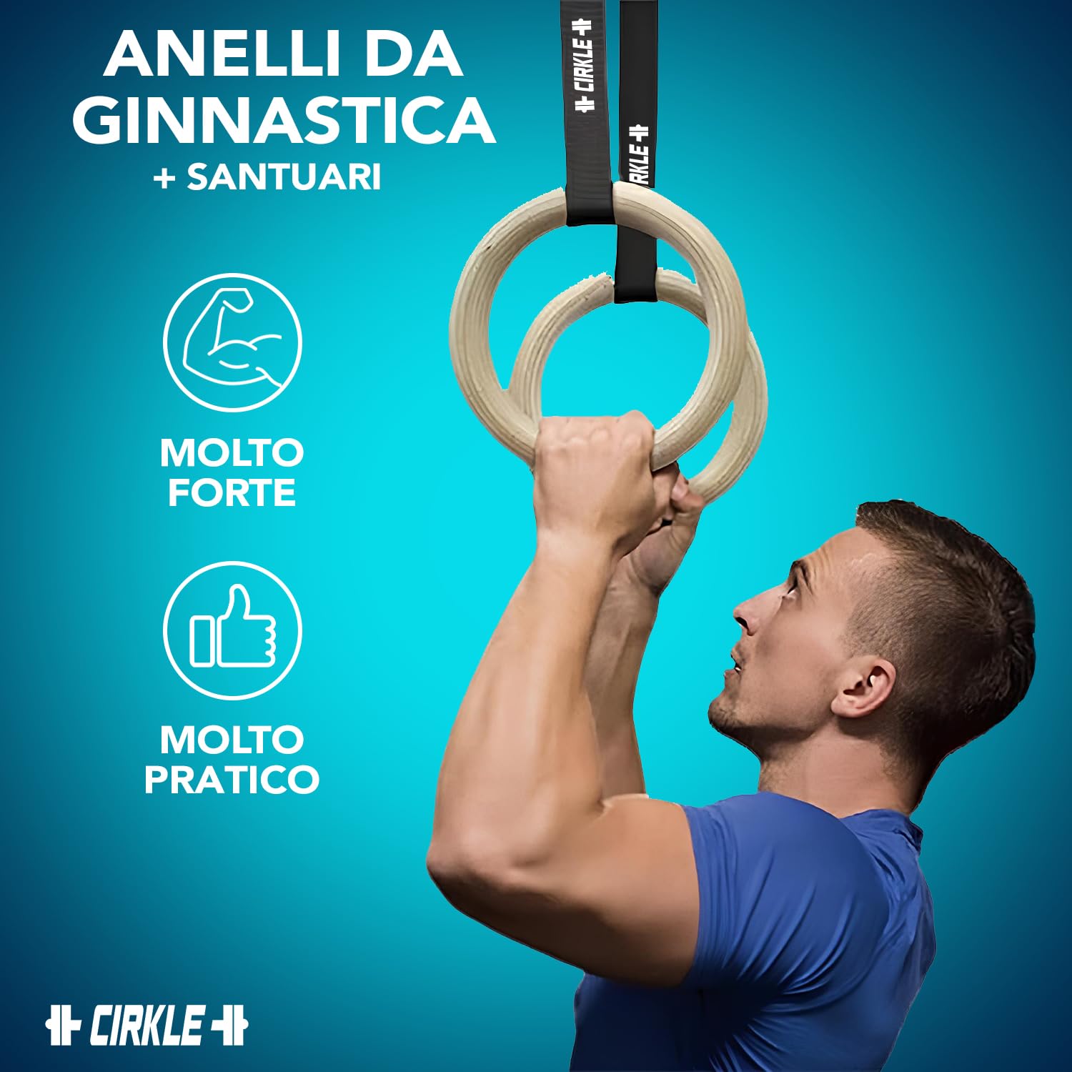 Original Cup CIRKLE | 2 Anelli da Ginnastica in Legno | Diametro 23 cm con Cinghie Regolabili | Allenamento, Fitness, Costruzione Muscolare, Sport | Facile Fissaggio, Massima Sicurezza | Aerobik