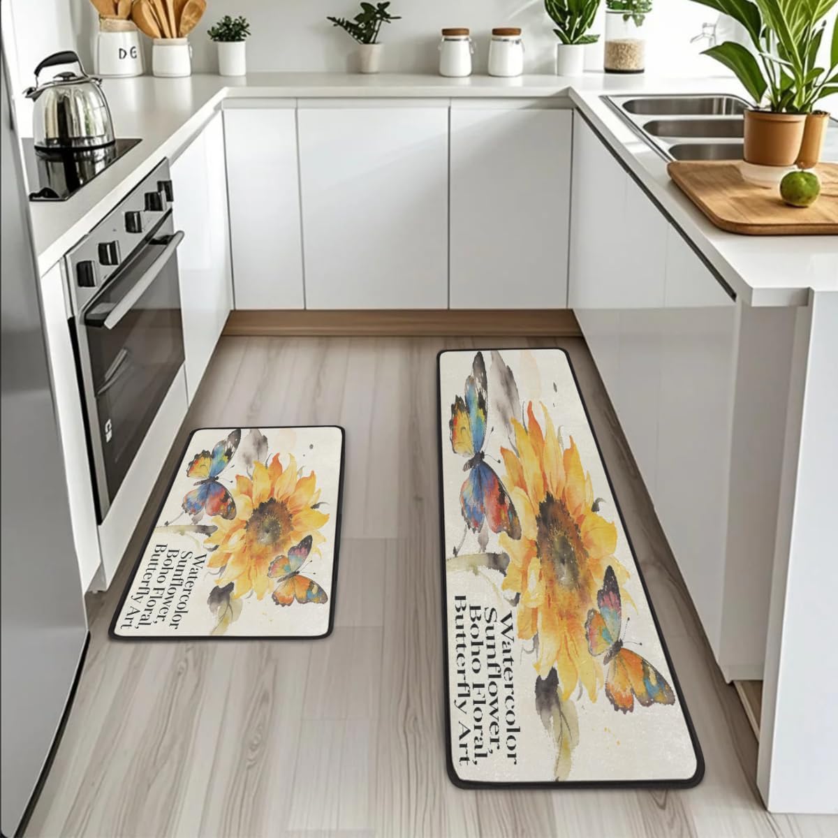 Anti Fatigue Watercolor Sunflower Art Kitchen Mats for Floor 2 Piece Set, Waterproof Non Slip Boho Kitchen Floor Rugs, Comfort Standing Mat for Sink Laundry & Home Kitchen 17"x47"+17"x29"