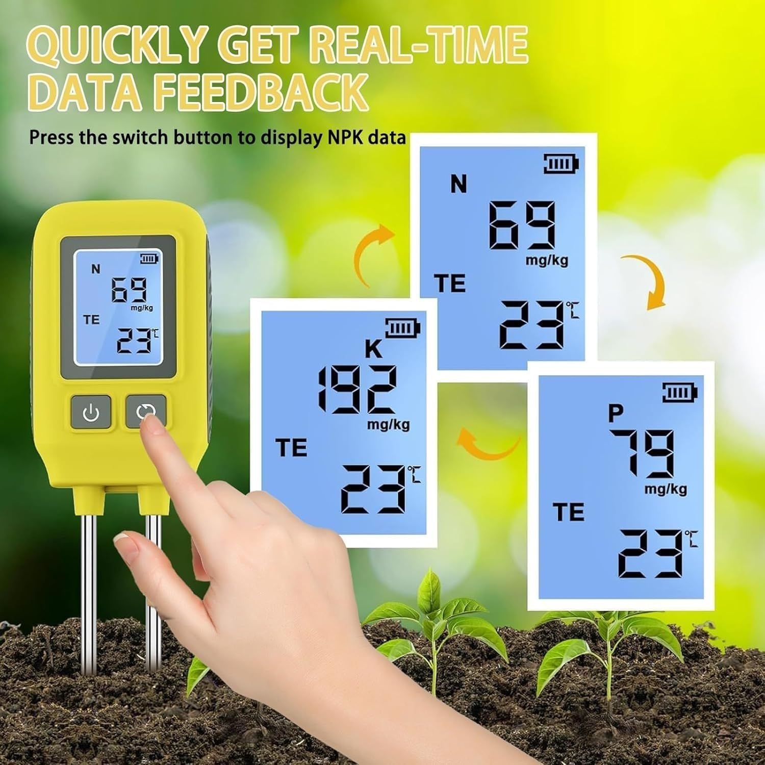 Probador de suelo Npk 4 en 1, medidor digital LCD de suelo, nitrógeno, fósforo, potasio, medición de temperatura, ideal para jardín, césped, granja, uso interior y exterior