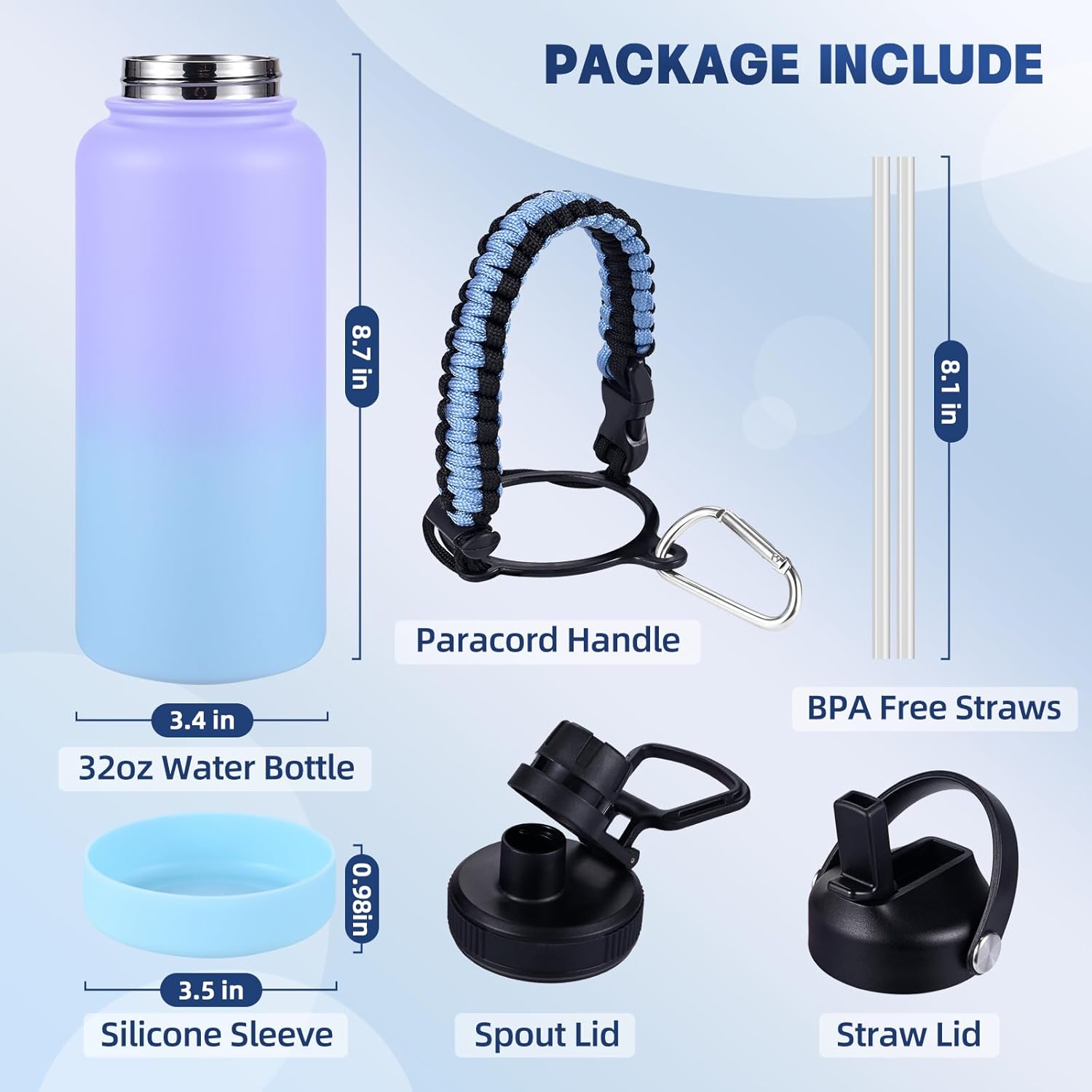 Insulated Water Bottle, 32 oz Stainless Steel Wide Mouth Water Bottles with 2 Leak Proof Lid and Paracord Handle, Double Wall Vacuum Insulated Sports Water Bottle, Purple Blue - Image 2
