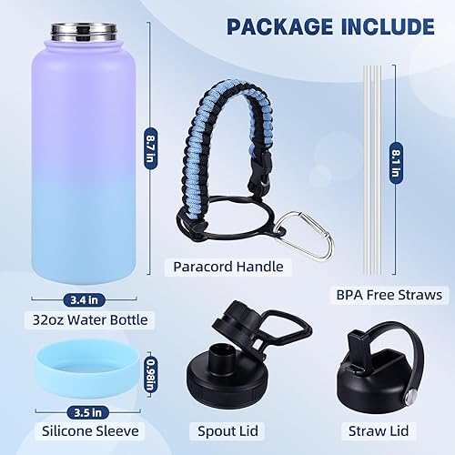 Miniatura 2 de Botella de agua aislada, botellas de agua de boca ancha de acero inoxidable de 32 onzas con 2 tapas a prueba de fugas y mango de paracaídas, botella
