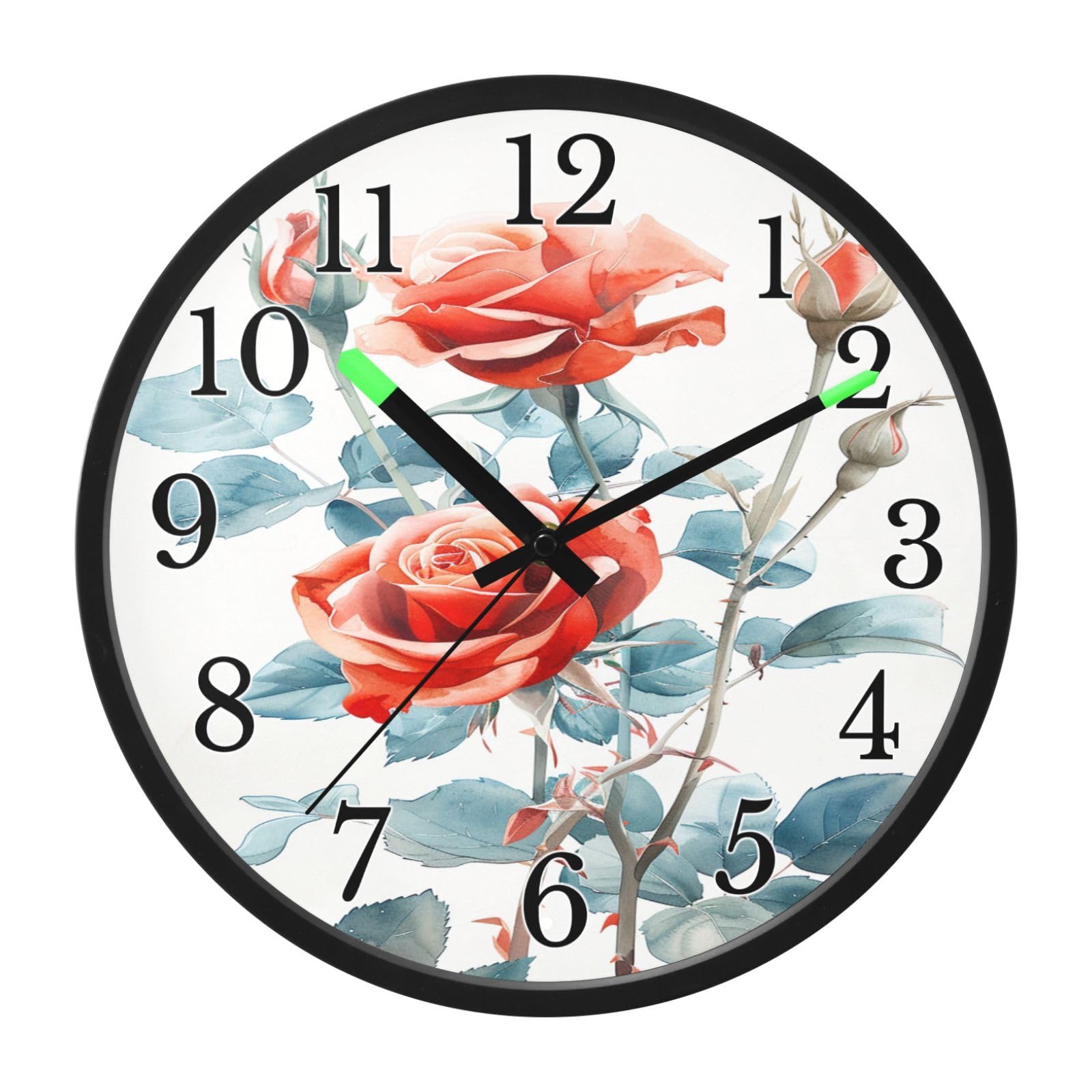 Mnsruu Reloj de pared luminoso con diseño de rosas rojas, funciona con pilas, silencioso, brilla en la oscuridad, para sala de estar, cocina, 30,5 cm