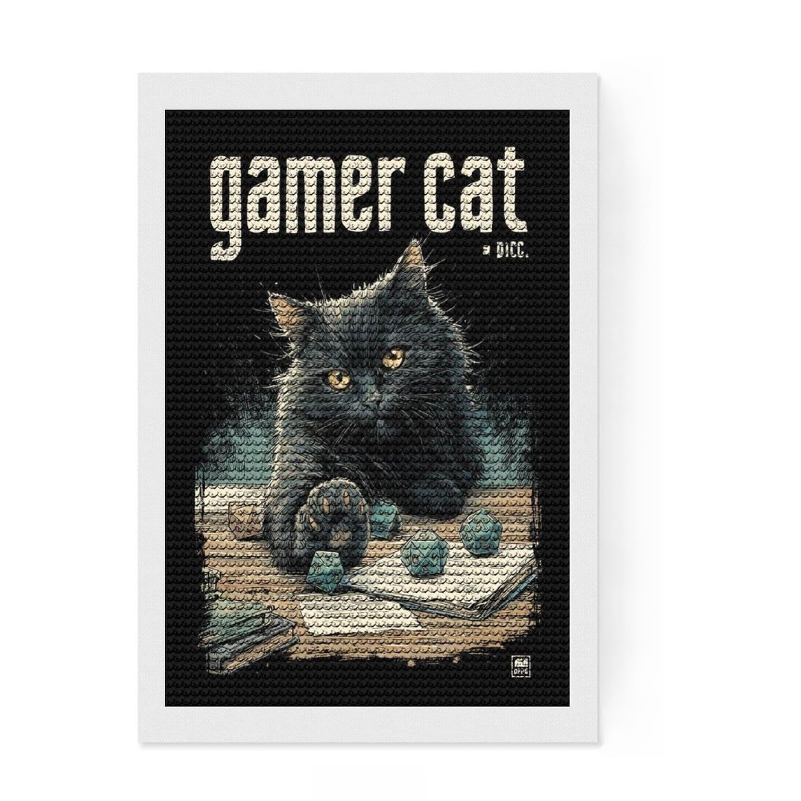 Junmoney Gamer Cat Dice DIY Diamond Art Canvas Kit 8"x12", for Teens, Neat Printed Canvas, Thoughtful Handmade Gift, Cosy Home Accent