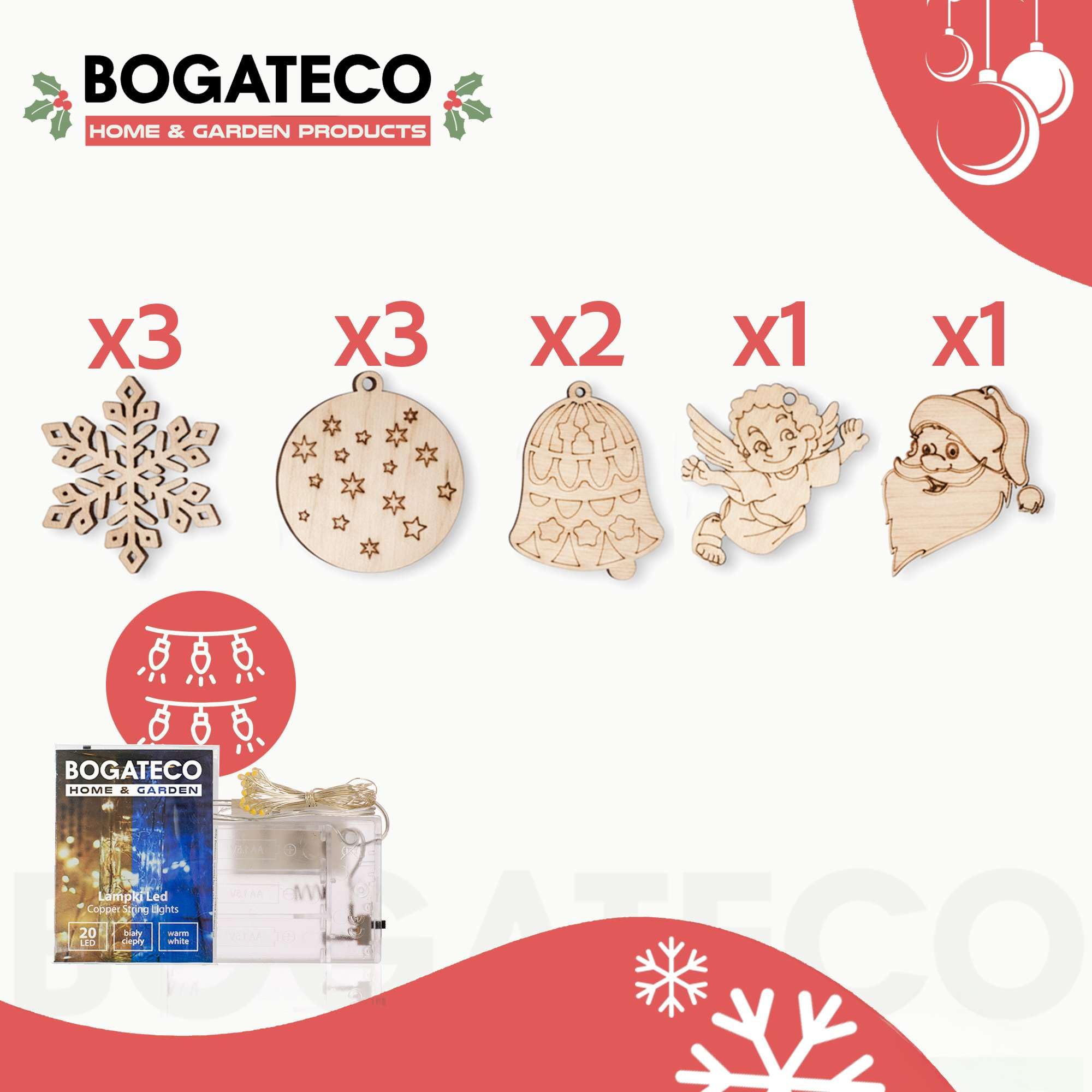 BOGATECO Albero di Natale in legno con illuminazione LED 104 cm di altezza | Decorazione in legno inclusa | Decorazioni natalizie | 30 LED |