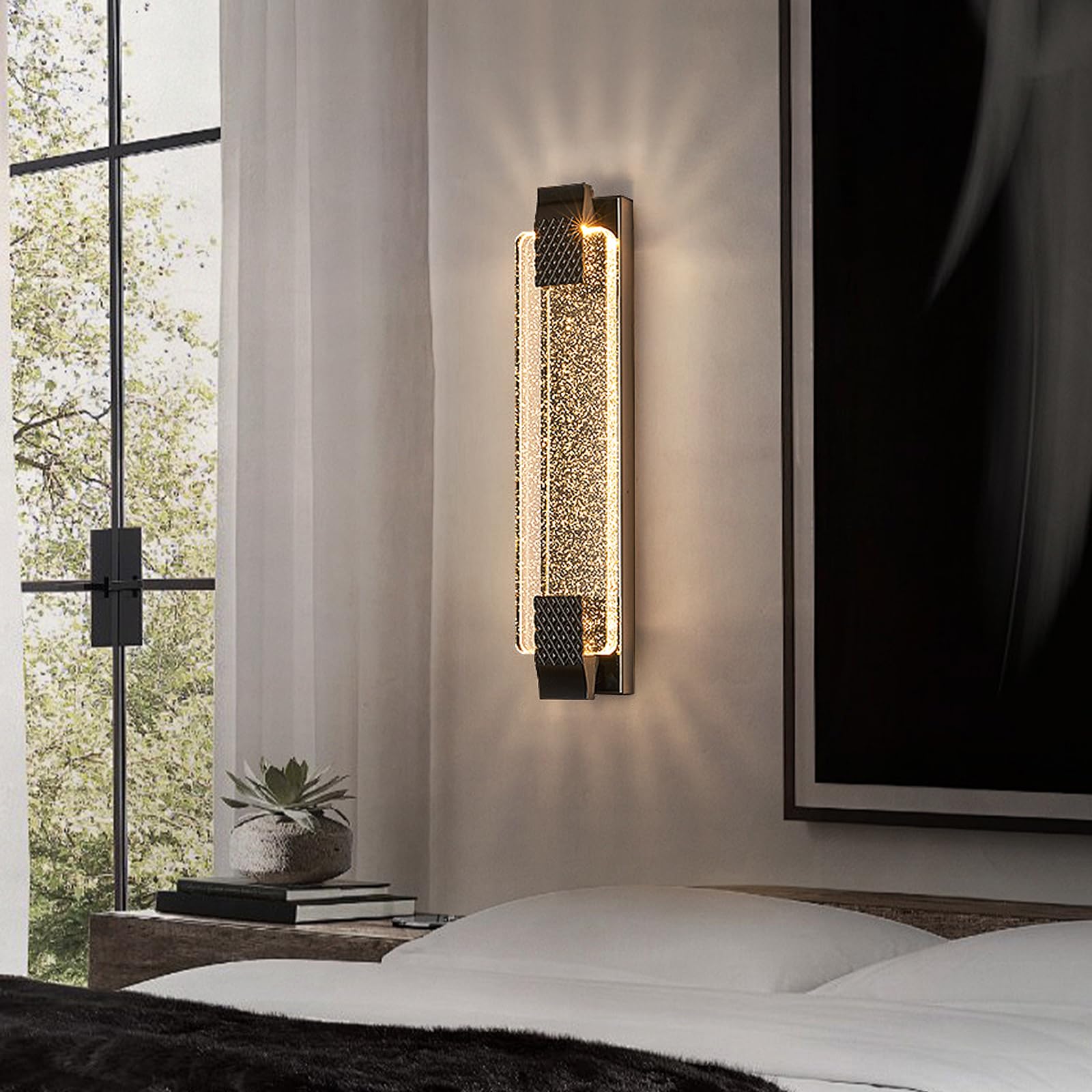 Aplique de Pared de LED Nórdico Lámpara de Pared de Cristal,Iluminación Tricolor (Cálida/Blanca/Neutra) para Sala de Estar Escaleras Dormitorio, Negro