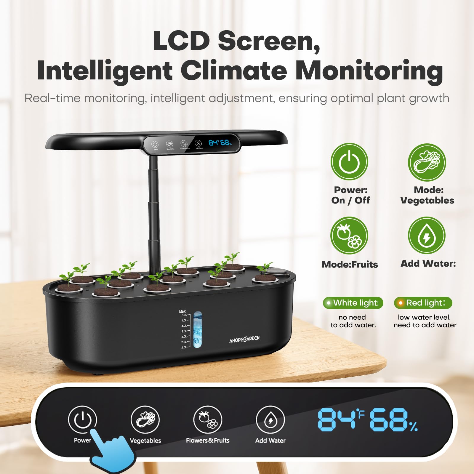 Ahopegarden Sistema di coltivazione idroponica: LCD Temp & Humidity 12