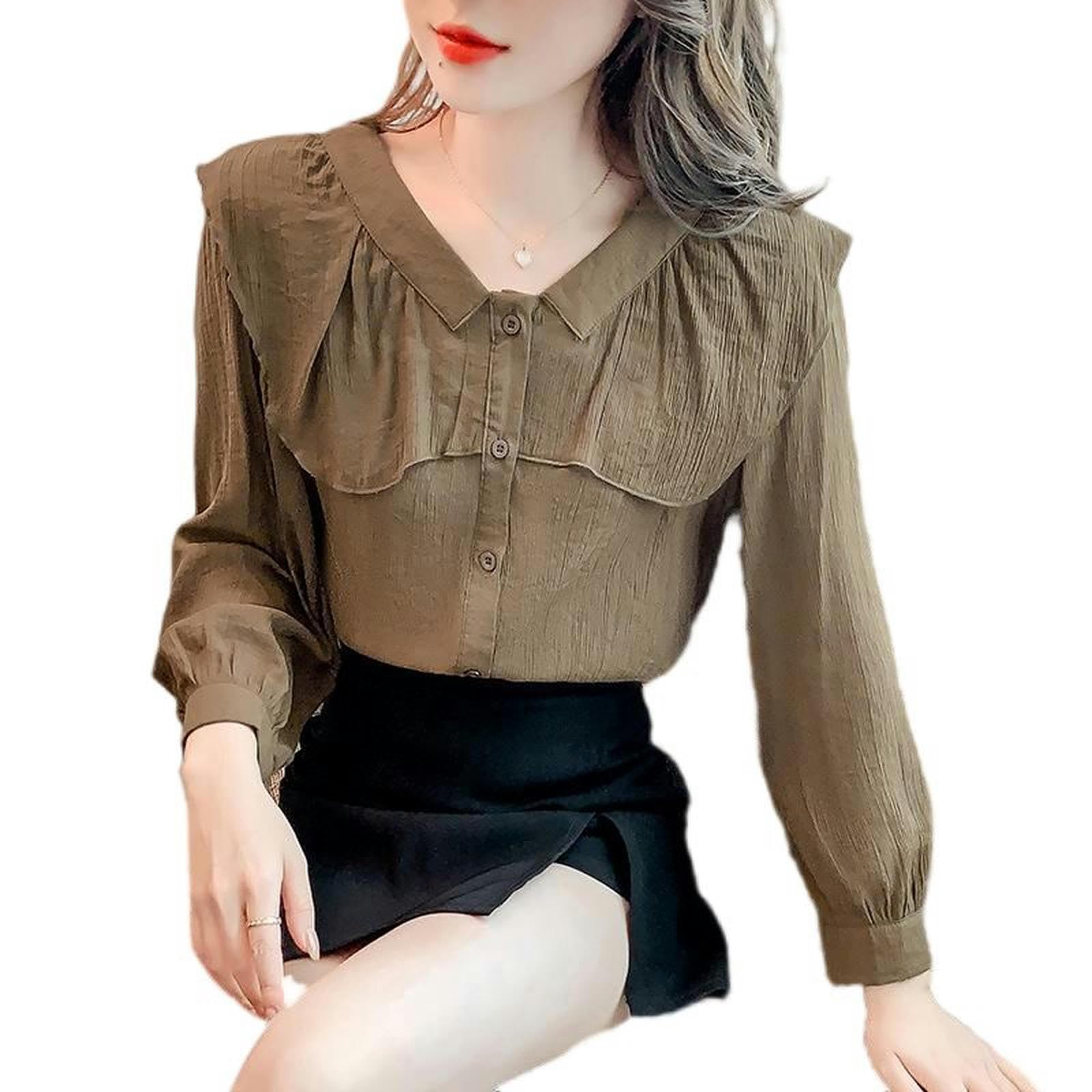 Camisa con Volantes Camisa de Moda con Cuello en V de Manga Larga para Mujer Top Elegante de Primavera Que Reduce la Edad-Negro-S