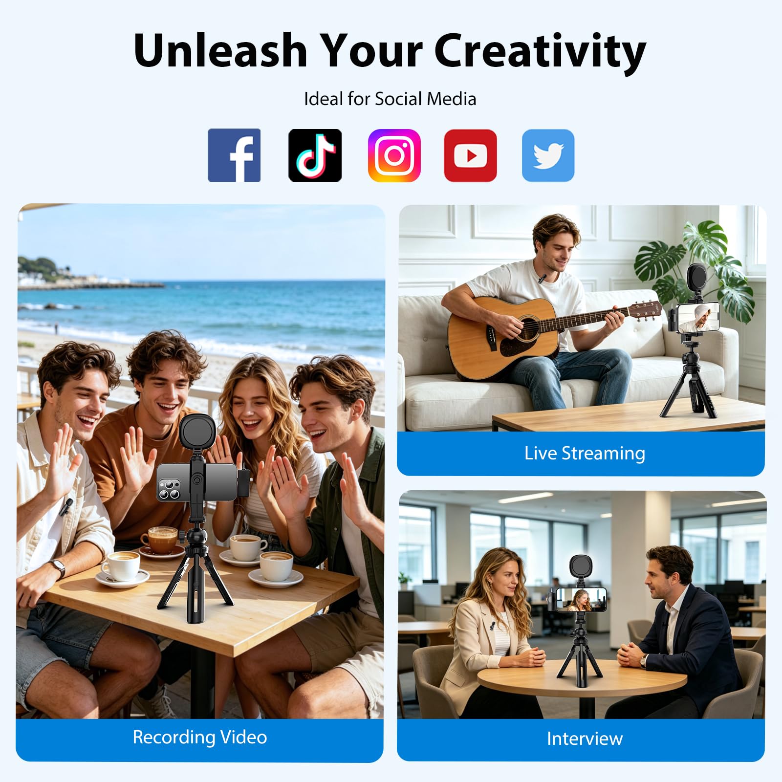 UBeesize Kit de vlogging para iPhone y Android, kit de inicio de YouTube para creadores de contenido con luz de video LED, micrófono, clip de teléfono, trípode ajustable para vlogging, YouTube