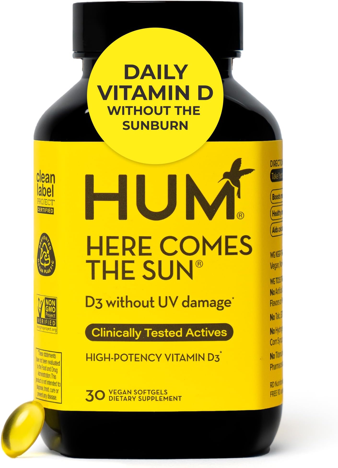 HUM Here Comes The Sun Immune Support Supplement with Vitamin D Supplements for Women and Men for a Healthy Immune System, D3 Vitamin Supports Bone Health, 30 Capsules