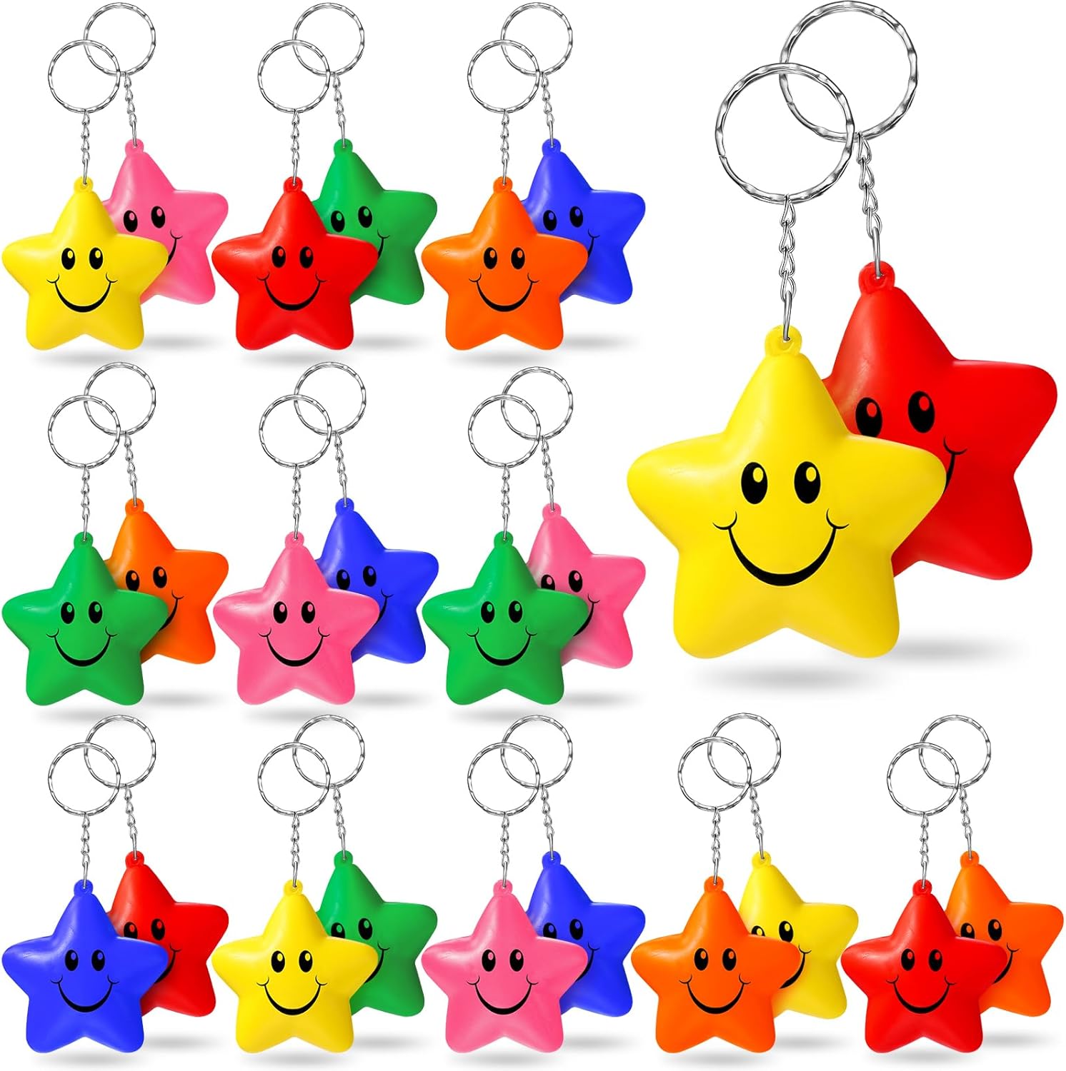 24 Pack Star Stress Keychains Bulk for Adults, Smile Face Stress Relief Keychains, Foam Fidget Squeeze Sensory Stretchy Toy Gifts Party Favors for Coworker Classroom Prize Basket Stuffers(Colorful)