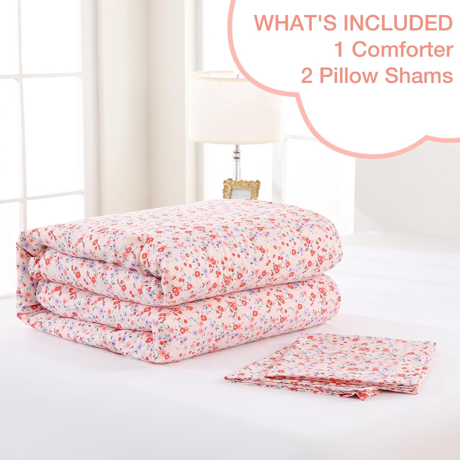 King Size Comforter Set, Lightweight Summer Bedding Comforter Sets, Pink Floral Cute Patterned Soft Breathable All-Season Comforters with 2 Pillow Shams