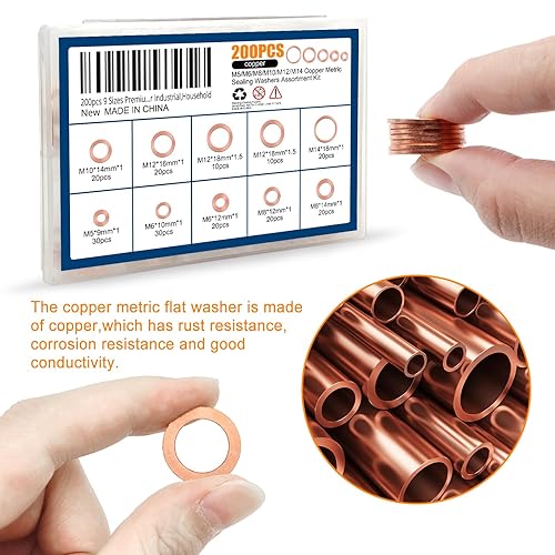 Miniatura 5 de Juego surtido de 200 arandelas de sellado métrico de cobre de 9 tamaños, arandelas de sellado plano M5 M6 M8 M10 M12 M14, anillo plano, junta de