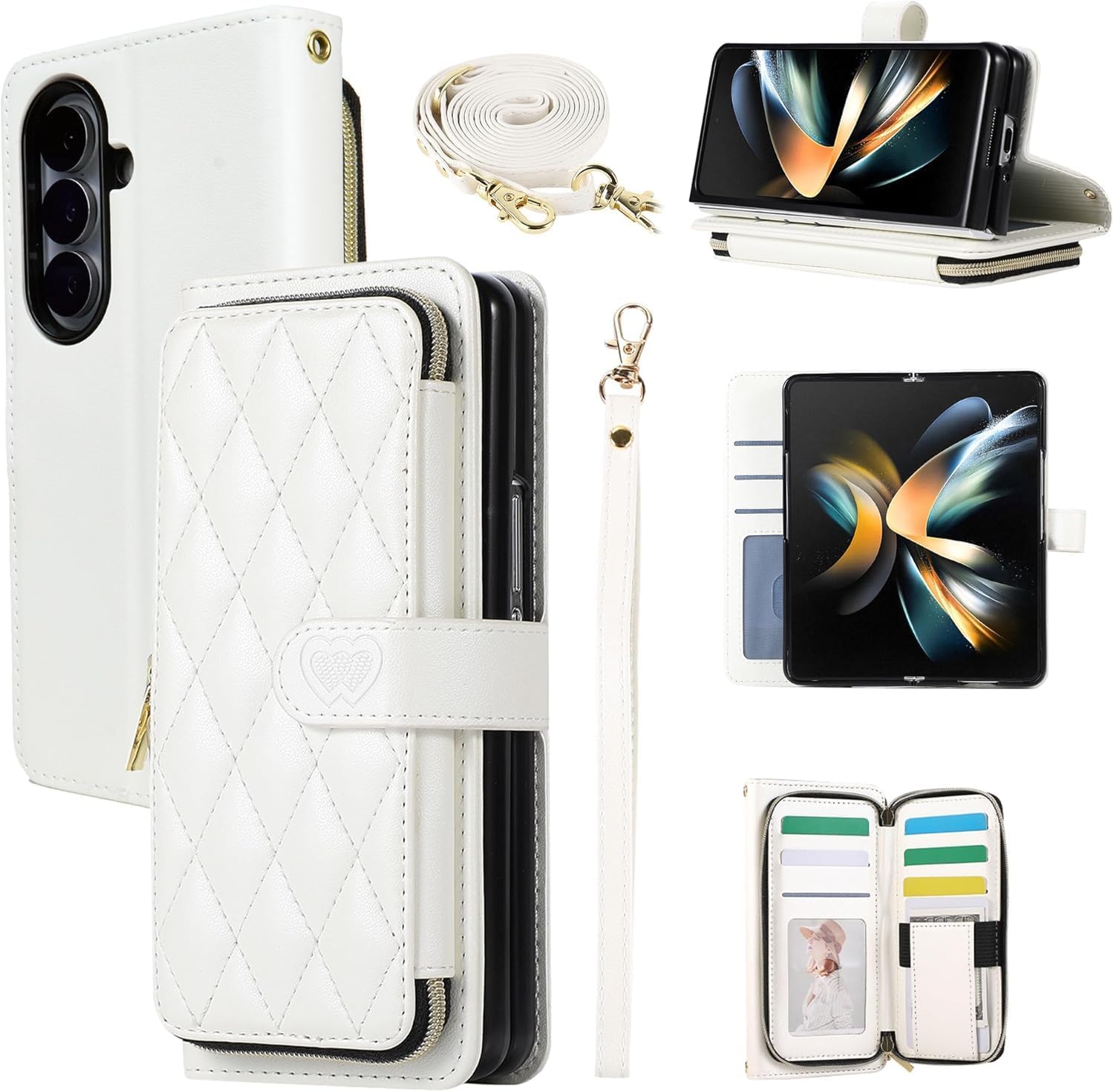 Wallet Case for Samsung Galaxy Z Fold 3 with Zipper Card Holder & Shoulder Strap & Wrist Strap, Crossbody Purse Handbag Stylish Protective Cover for Galaxy Z Fold 3 -White