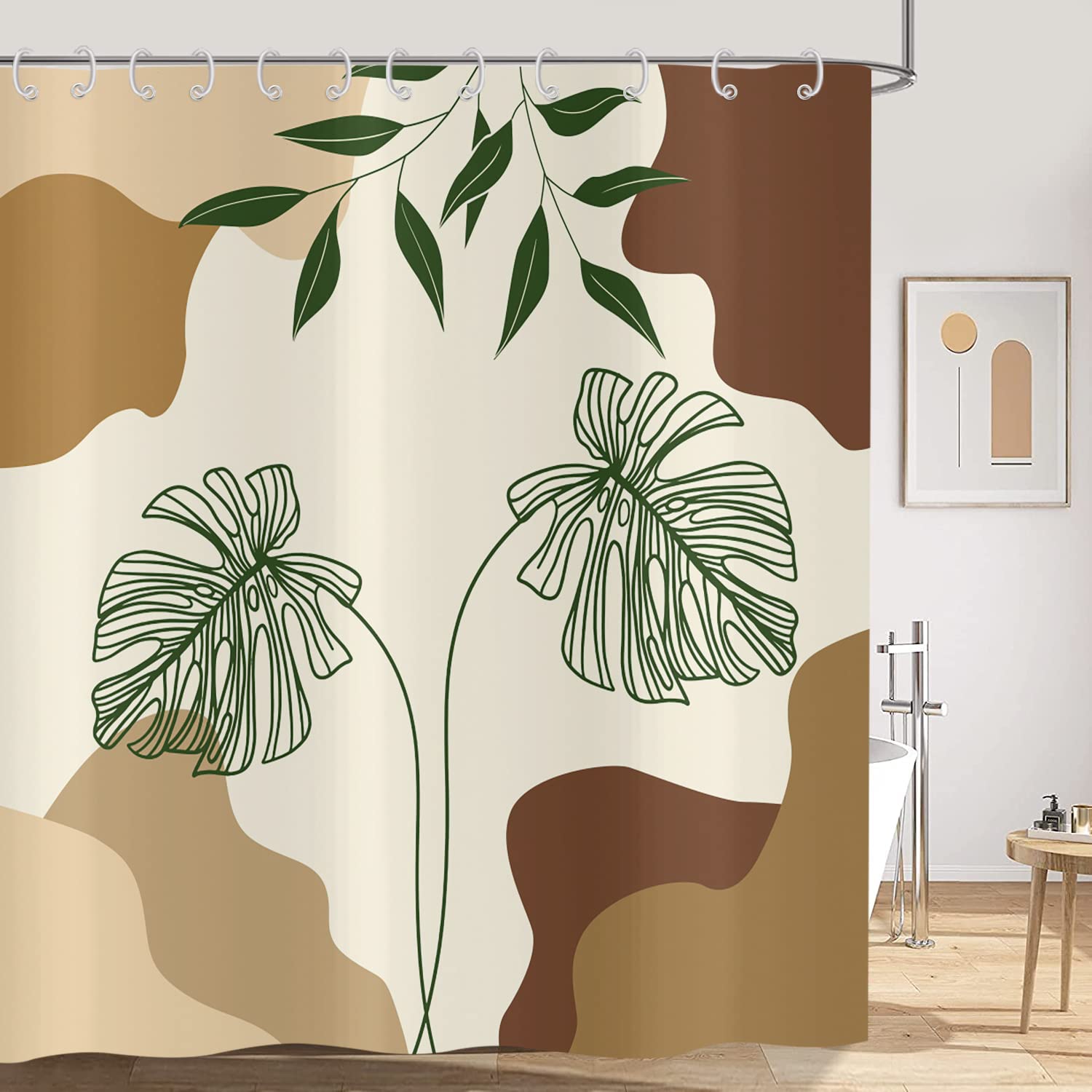 Hnmdmyi Boho Shower Curtain 120x200, Abstract Green Tropical Leaves Plant Beige Bathroom Curtains Mid Century Modern Minimalistic Geometric Aesthetic Art Waterproof Polyester Fabric Bath Curtains — image 1