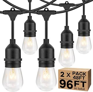 2-Pack 96FT Outdoor String Lights with Dimmable 11W Edison Vintage Bulbs, Waterproof Commercial Grade Patio Hanging Lights for Cafe Pergola Backyard Bistro Wedding, 2700K Warm White, Black 48FT/String