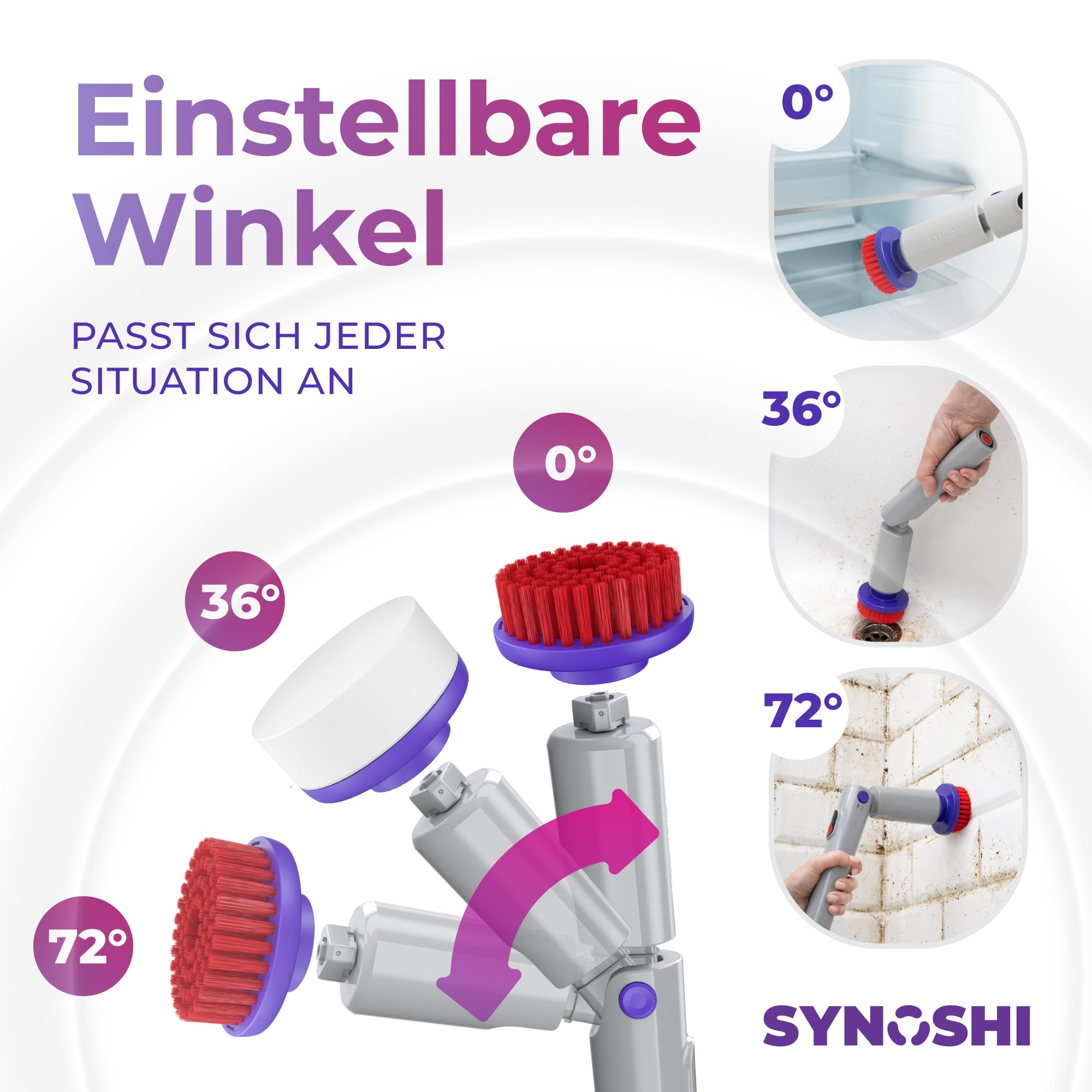 SYNOSHI PRO Elektrische Reinigungsbürste – Kabellos & Wiederaufladbar – Spin Scrubber für Bad, Fliesen und Küche mit Verstellbarem Griff