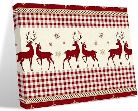 Canvas Wall Art - Christmas Elk Xmas Gold Snowflake Framed Wall Decor Canvas Painting Prints,Red Buffalo Plaid Picture Oil Painting Artwork for Bedroom Living Room Office 32"x48"