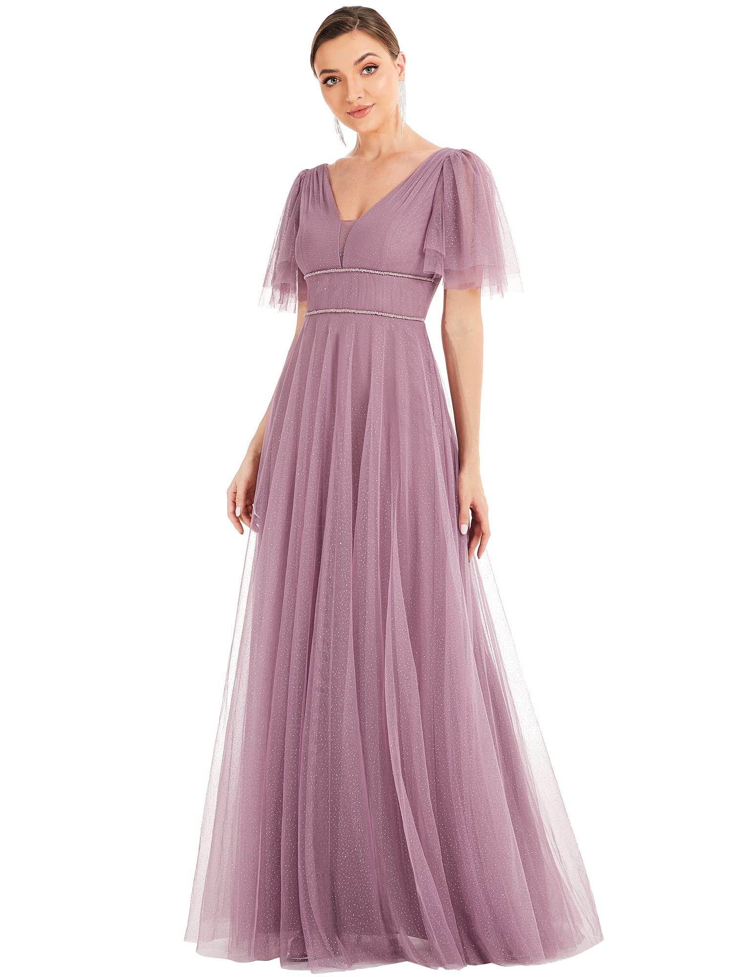 Robe Longue Demoiselle D'honneur Ever-Pretty - Manches Courtes, Col Rond, Plissée, Ligne A, Mousseline De Soie