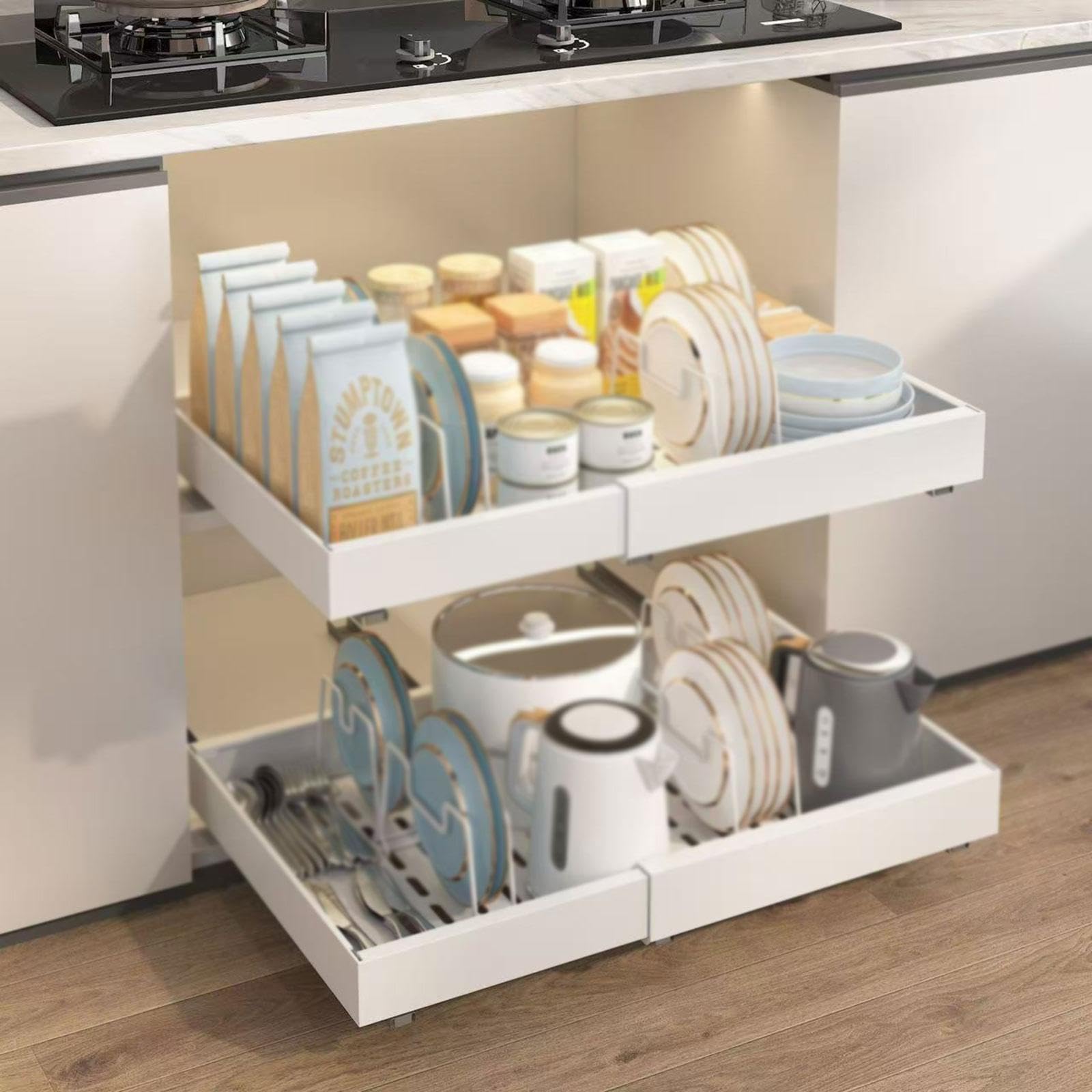 Organizzatore Modulare Scorrevole per Armadio, Espandibile, Cassetto Sottolavello, Porta Spezie Estraibile, Scatola Portaoggetti in Acciaio al, Bianco