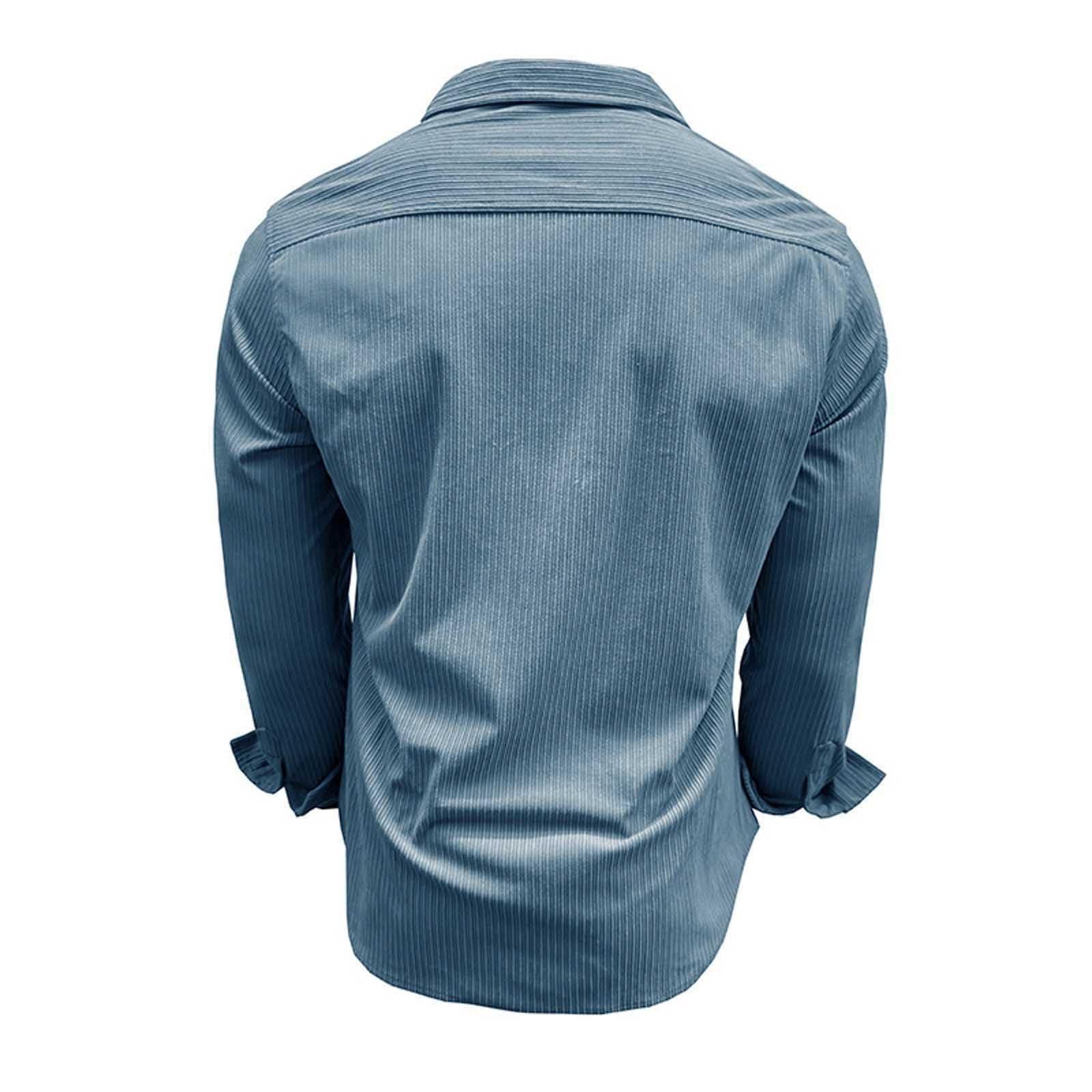 Camicia Uomo Collo Coreana-Camicia casual da uomo in velluto a coste, a maniche lunghe, vestibilità slim, tinta unita, con bottoni e taschino sul petto, per l'uso quotidiano in autunno e inverno.