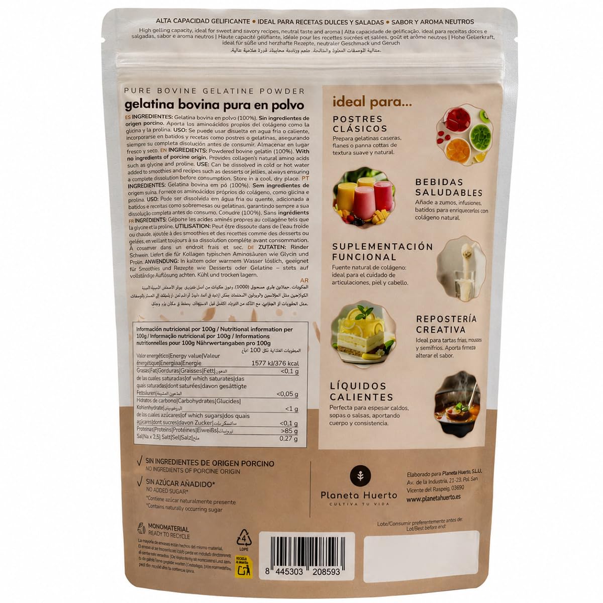 PLANETA HUERTO | Gelatina Bovina neutra en polvo fuente de colágeno 1 Kg