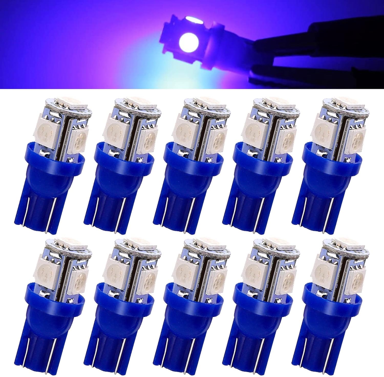 10PCS T10 W5W LED Bulbs, Blue 5-SMD 5050 501 Wedge Bulb 194 168 Light Bulbs DC 12V for Car Interior Dome Dashboard Map RV License Plate Side Lights