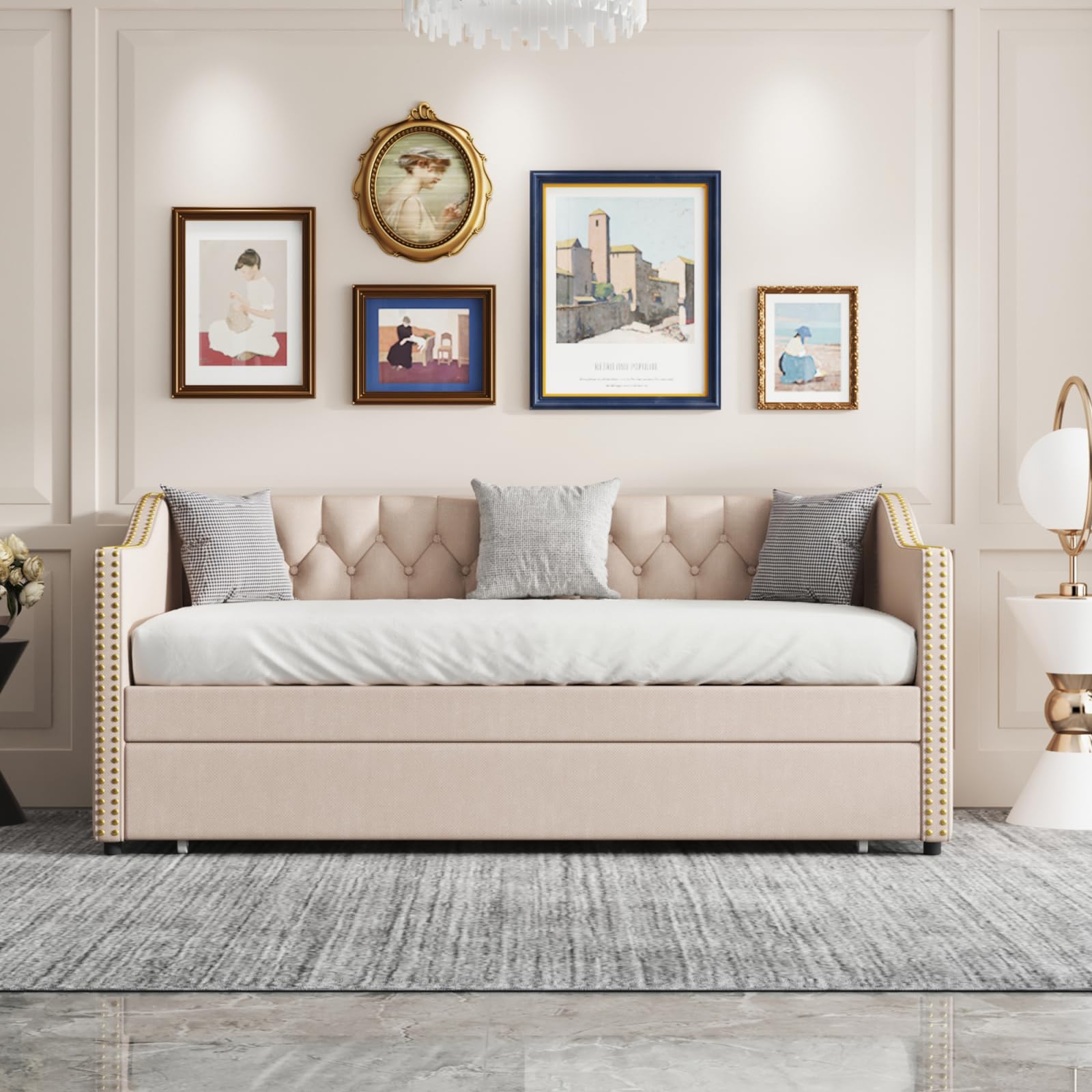 PerGar Sofá cama tapizada y extensible 90/180 x 200 cm, cama juvenil con somieres, multifunción para invitados, estructura de lino beige