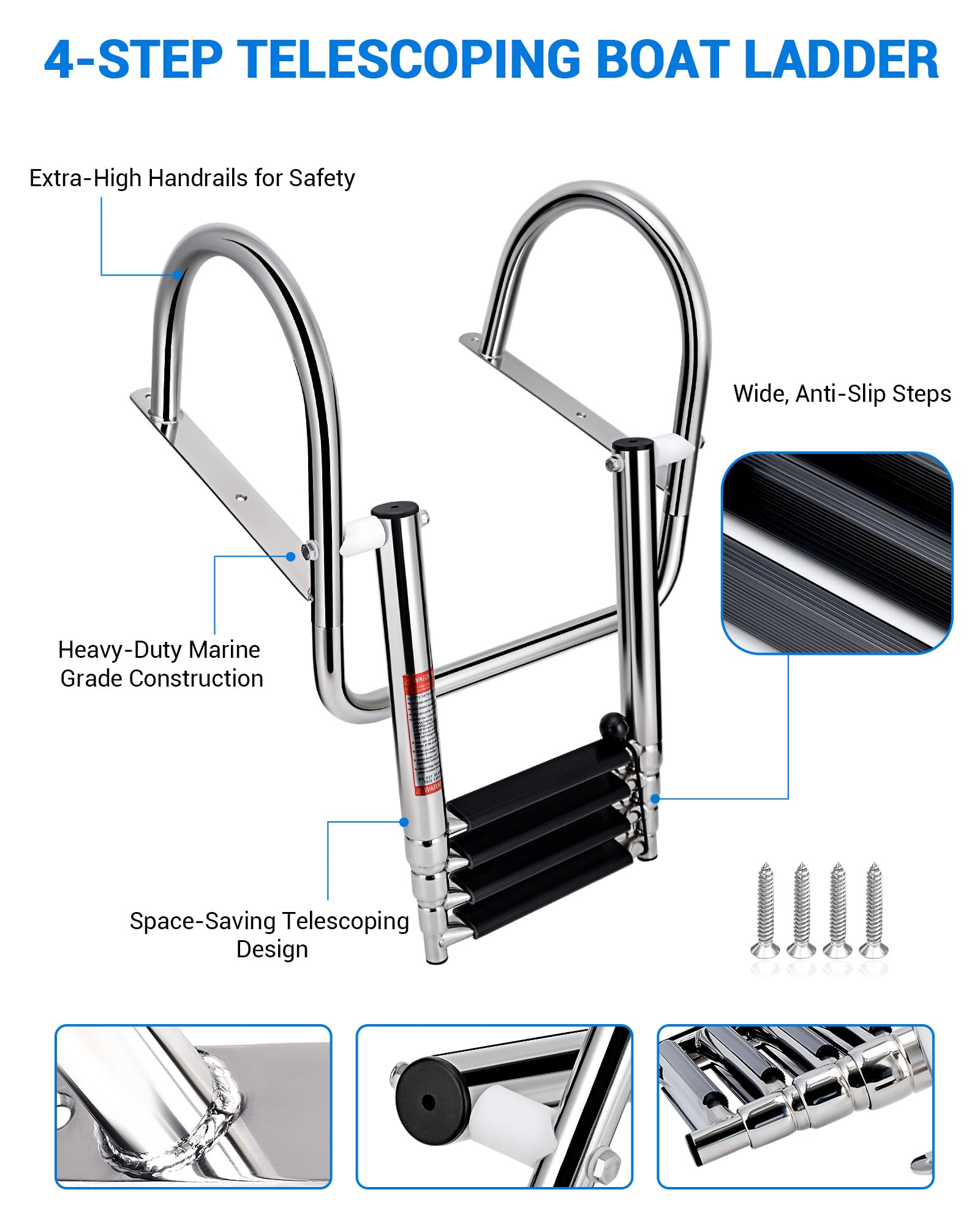 Scaletta telescopica in acciaio inox a 4 gradini per imbarcazioni marine e piscine, 249,5 kg (4 gradini)