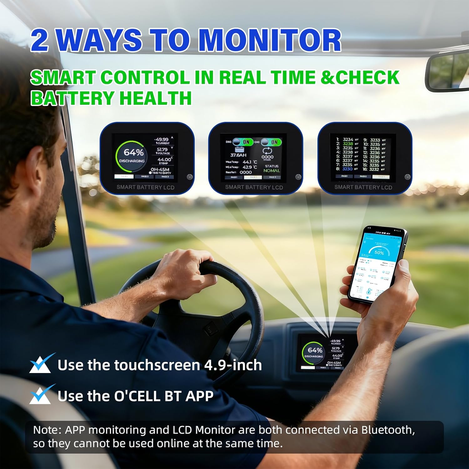 48V (58.4V) 60Ah LiFePO4 Golf Cart Battery with Mounting Bracket, 38.4V 4.8kW Lithium Iron 120A BMS, Bluetooth/LCD, 58.4V 15A IP67 Charger - 10 Year Lifespan Fit Club Car, EZ-GO, Trolling Motors