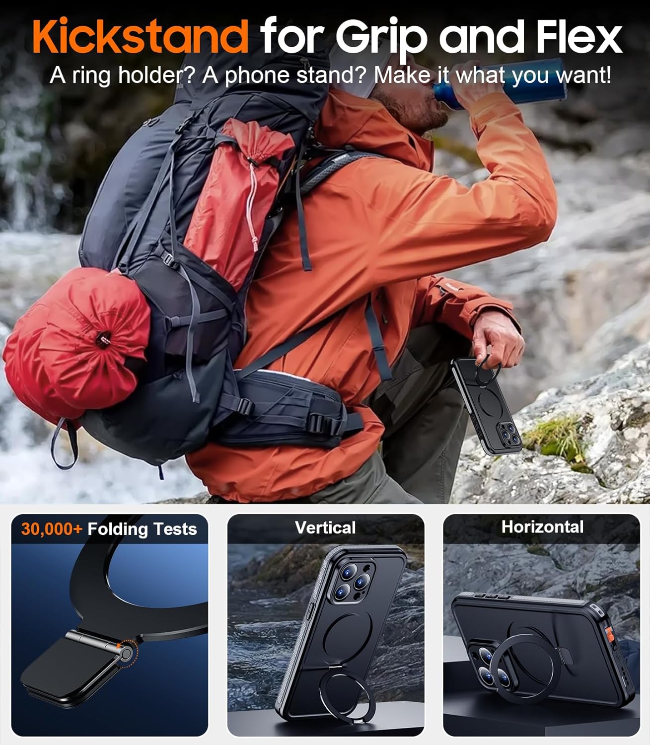 Temdan Magnetic for iPhone 15 Pro Max Case Waterproof, [Built-in Ring Invisible Stand & Screen Protector][IP68 Underwater][Dropproof][Dustproof][Real 360] Shockproof Protective Phone Case 6.7'' -Gray