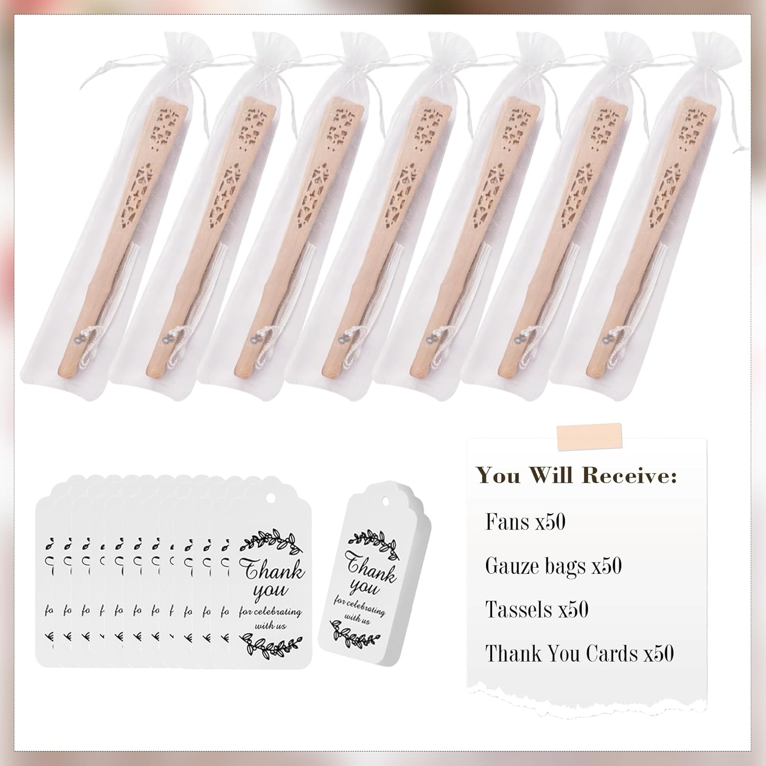 50 Sets Folding Fan Wedding Fans for Guests Natural Sandalwood Hand Fans for Women Foldable Bulk Party Favors for Guests, Baby Shower, Birthday, abanicos para boda recuerdos de bautizo (Wood, Style 3)