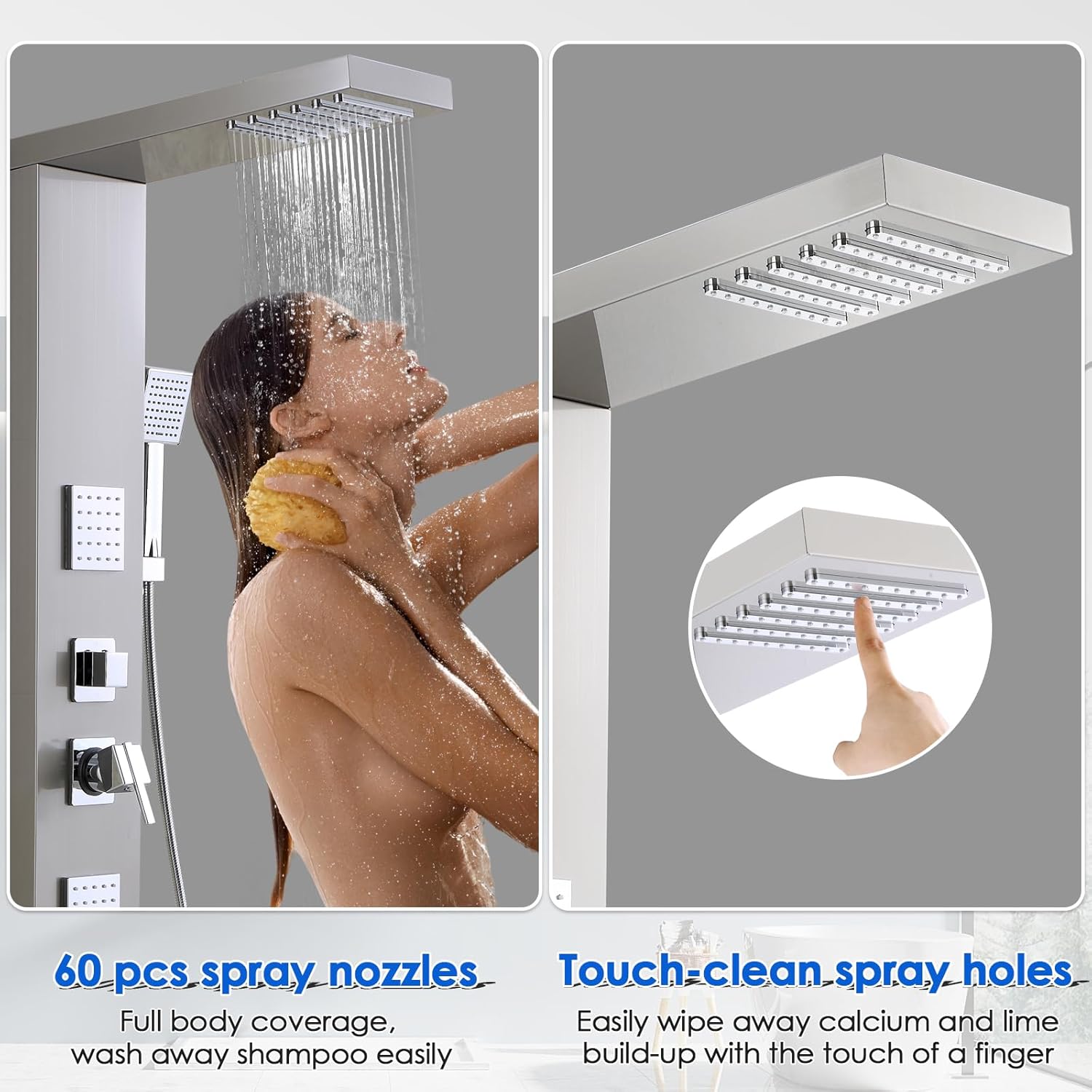 ROVOGO Shower Panel Tower System with High Pressure Shower Head, Body Jets, Handheld and Tub Spout, 46.5" Shower Column Stainless Steel with Mixer Valve, Brushed