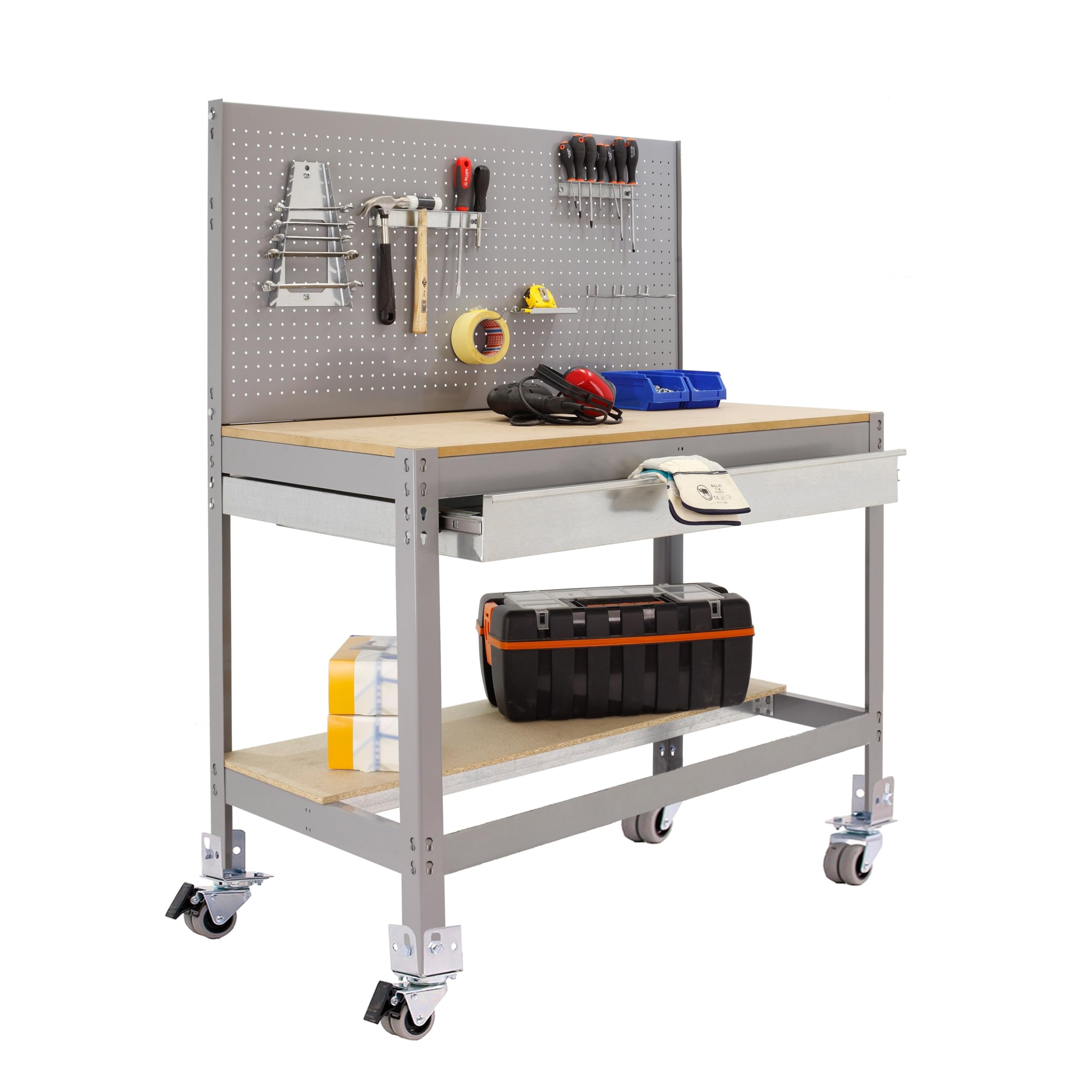 Simon Rack Banco de Trabajo Taller con Ruedas 1210x610 mm - BT2 | Panel Perforado y Cajón, Tablero madera 16 mm, Capacidad Carga 120 kg, Gris , Pintura anticorrosión, Montaje sistema clic