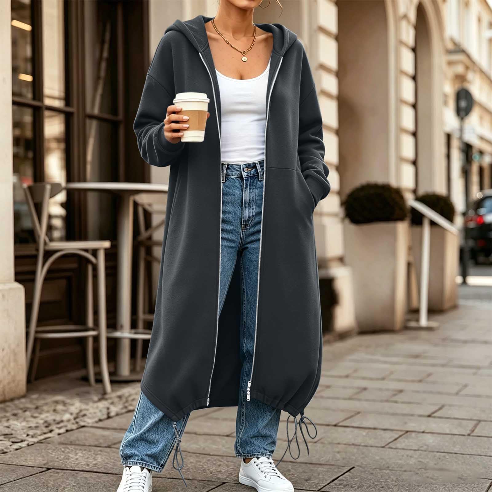 LUCKME Chaqueta Larga Mujer,Sudaderas Mujer Manga Larga con Capucha y Cremallera Color Sólido Casual Abrigo Deportivo Holgada con Bolsillos Suelto Cómodo Sudadera Informal Ropa Otoño Invierno