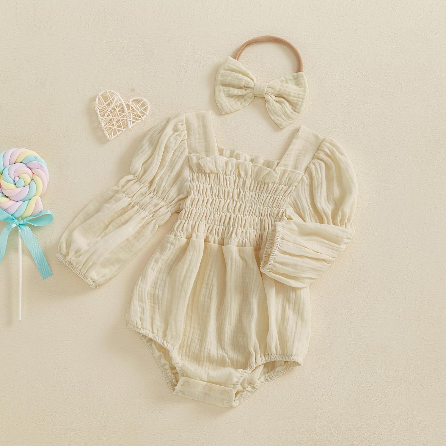Kavousa Smocked Baby Girl Clothes Newborn Girl Bubble Romper Long Sleeve Jumpsuit And Headband Outfit Cute Infant Clothing