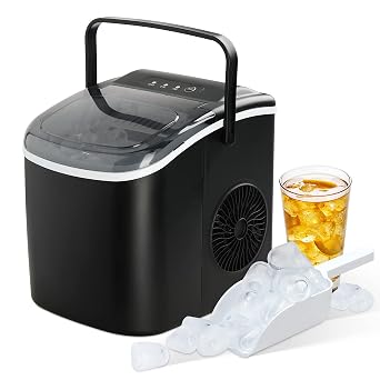 Portable Ice Maker Countertop 6 Minutes 9 Ice Cubes 26lb Ice Cube Ice Maker 26lb Ice Maker with Ice Spoon and Basket for Home Kitchen Office Camping Party Black