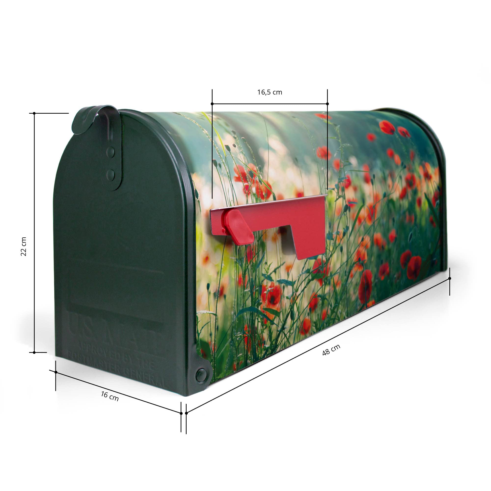 banjado Amerikanischer Briefkasten - US Mailbox/Letterbox mit Motiv Motiv Waldmohn 51x22x17cm - Postkasten Stahl aus Amerika – Briefkasten amerikanisch grün pulverbeschichtet