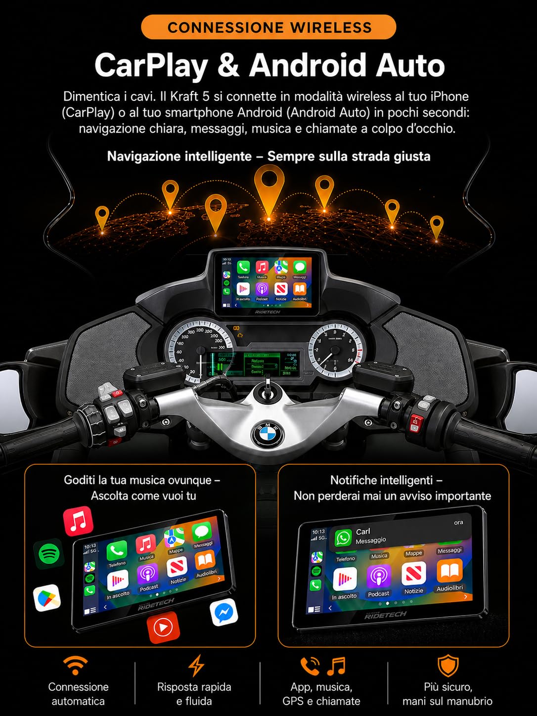 Kraft 5 - Schermo Carplay per moto BMW RT/K16, CarPlay e Android Auto, Plug & Play