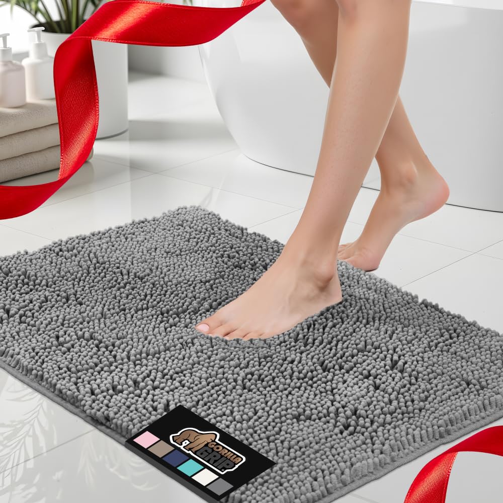 Gorilla Grip Original Luxury Chenille Bathroom Rug Mat Extra Soft Absorbent Shaggy Rug Machine Washable Quick Dry Bath Mat Plush Carpet Floor Mat for Bathtub Shower Bathroom Floor Mat 17x24 Inch Gray