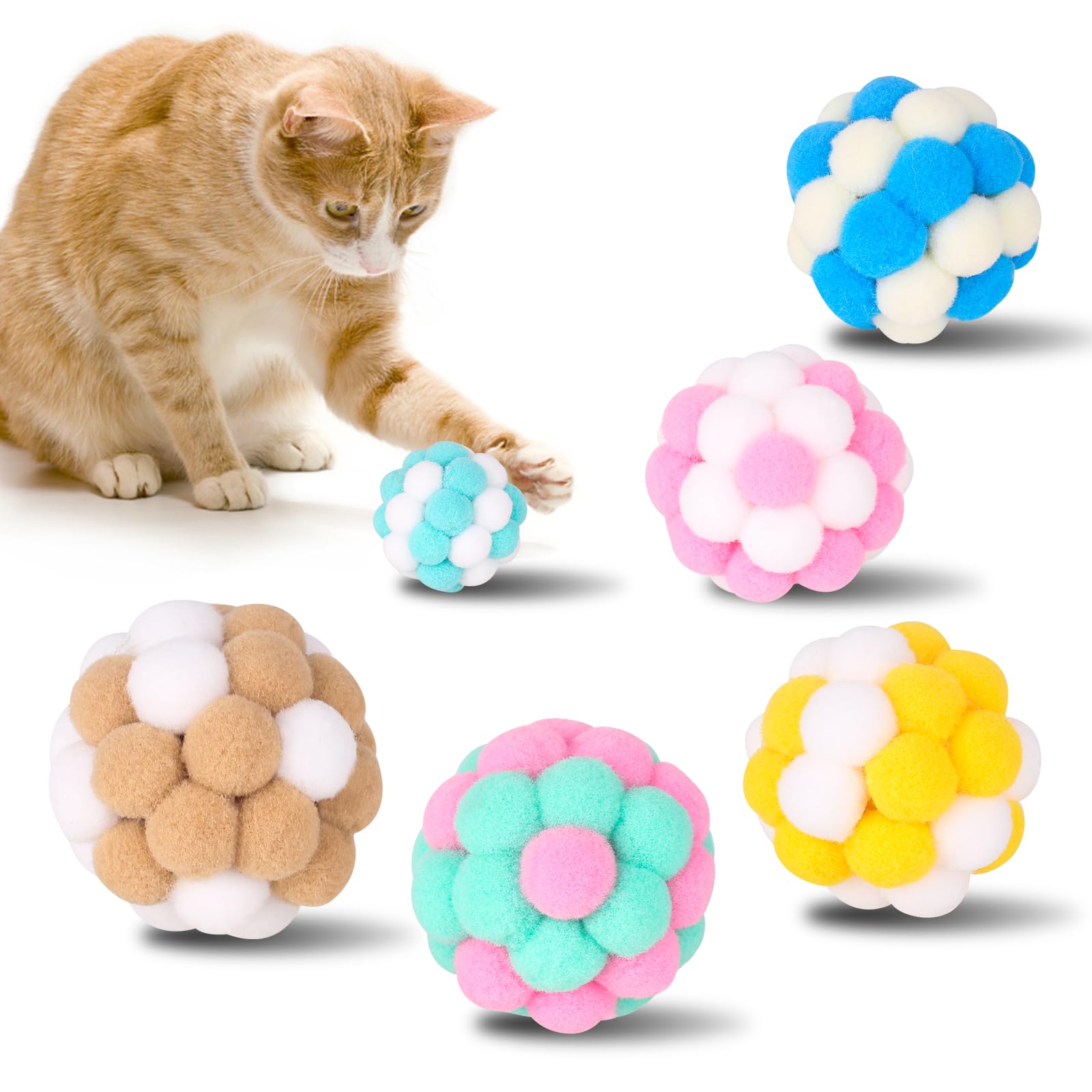 Yasdyri Katzenspielzeug Bälle mit Glöckchen 6 Stück Interaktives Katzenspielzeug Ball Soft Katzenbälle Filzbälle Katze für Innen Spielen Kauen Kratzen